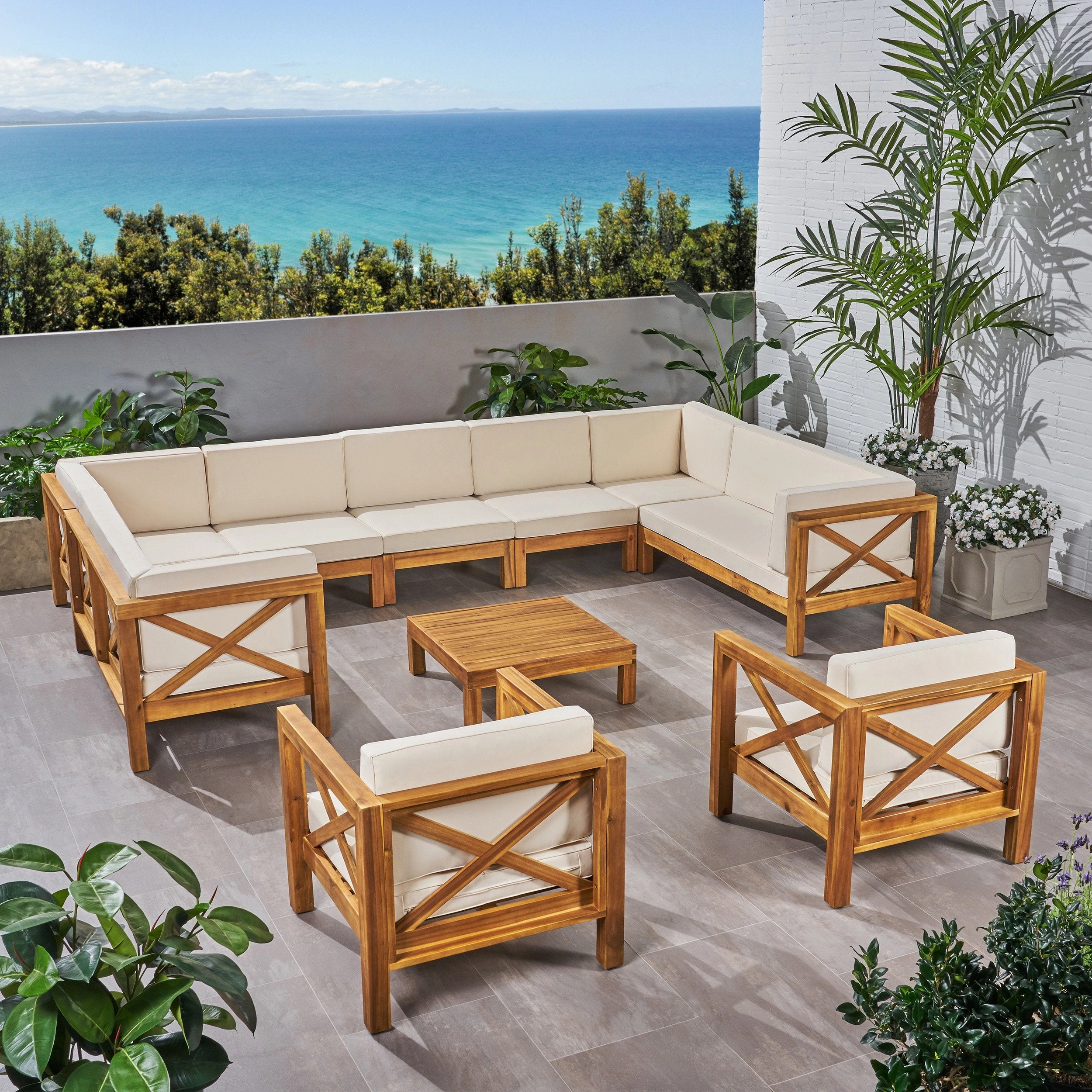 Outdoor 11 Seater Acacia Wood Sectional Sofa and Club Chair Set - NH044803 outdoor furniture, garden bench