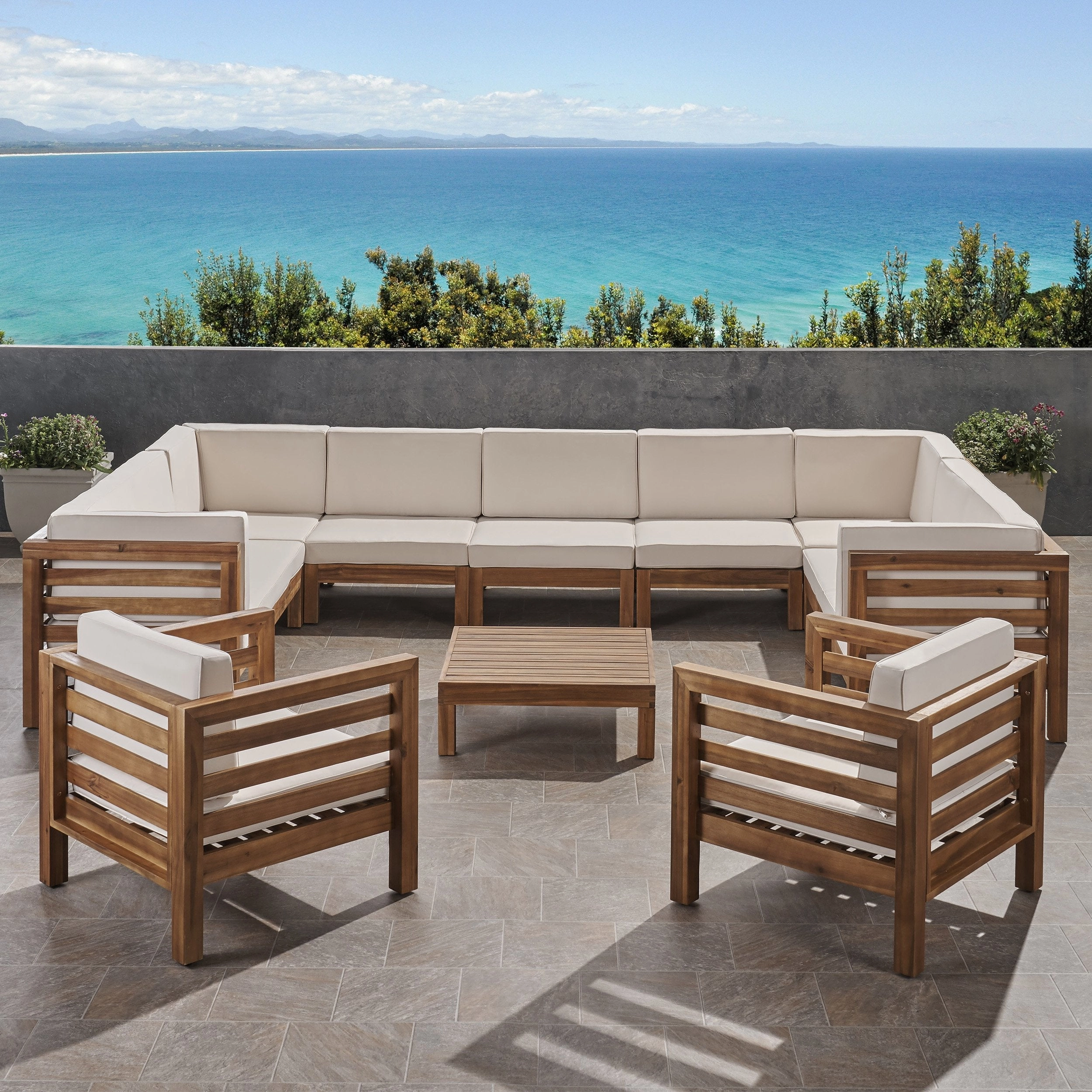 Outdoor 11 Seater Acacia Wood Sectional Sofa and Club Chair Set - NH984803 outdoor furniture, garden bench