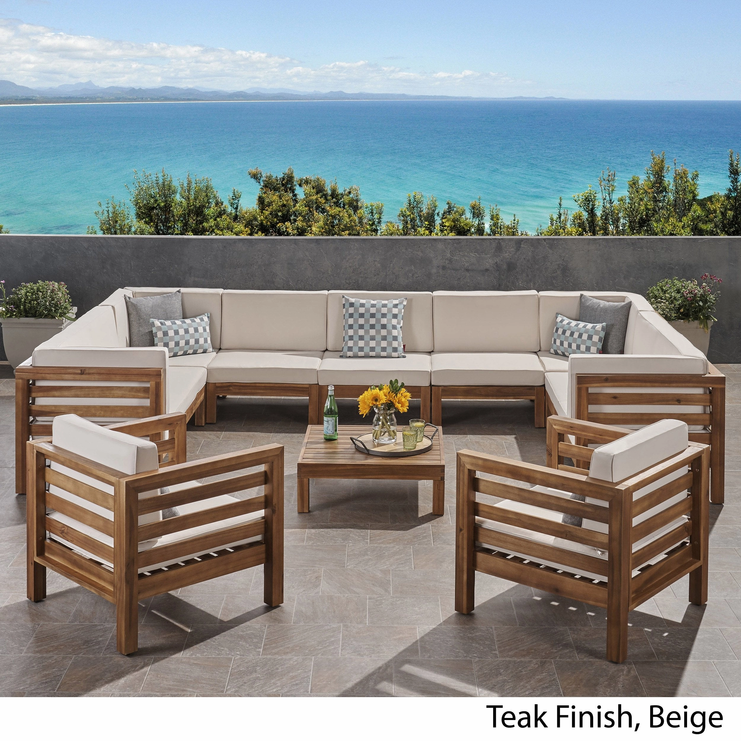 Outdoor 11 Seater Acacia Wood Sectional Sofa and Club Chair Set - NH984803