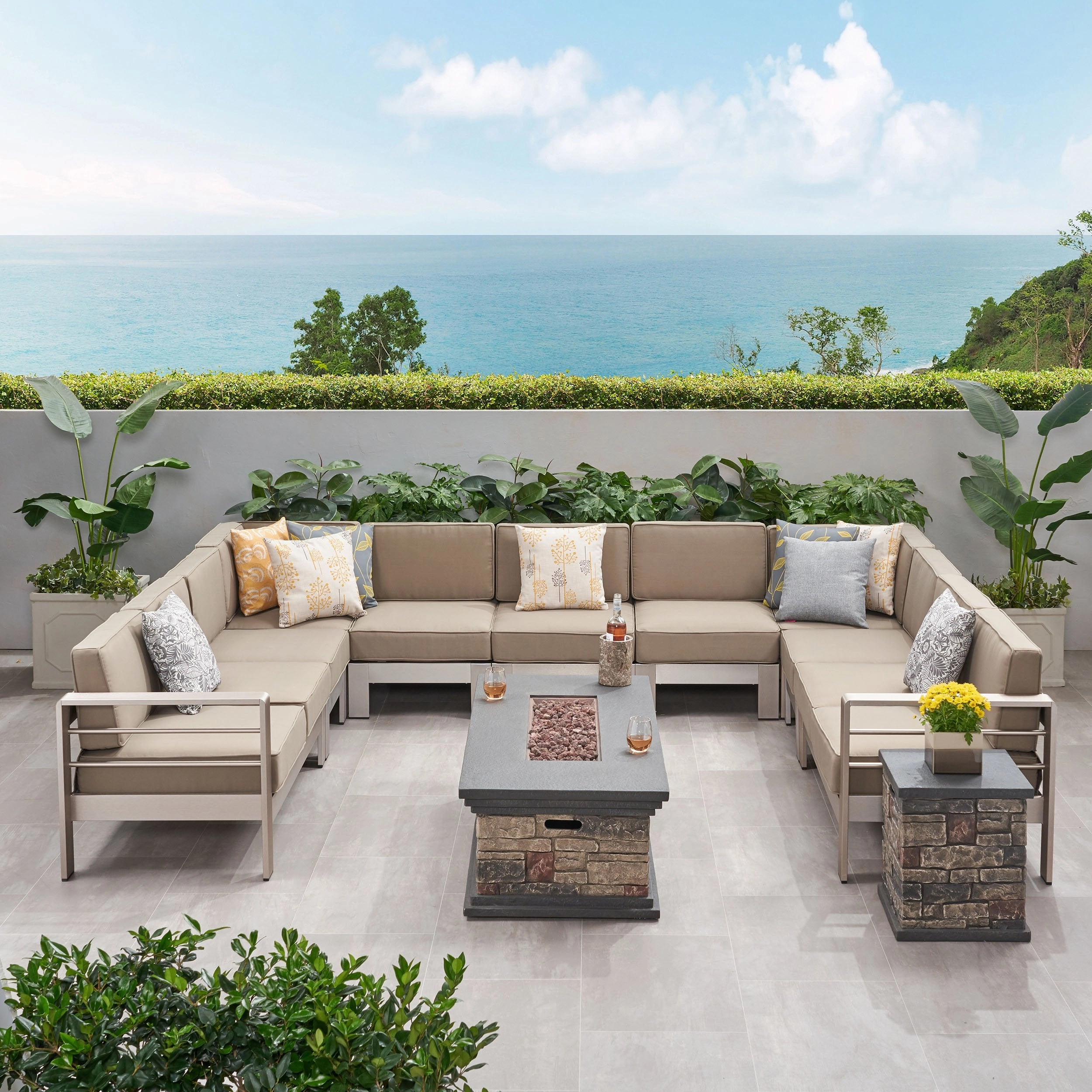 Outdoor 11 Seater Aluminum U-Shaped Sofa Sectional and Fire Pit Set - NH768903 outdoor furniture, garden bench