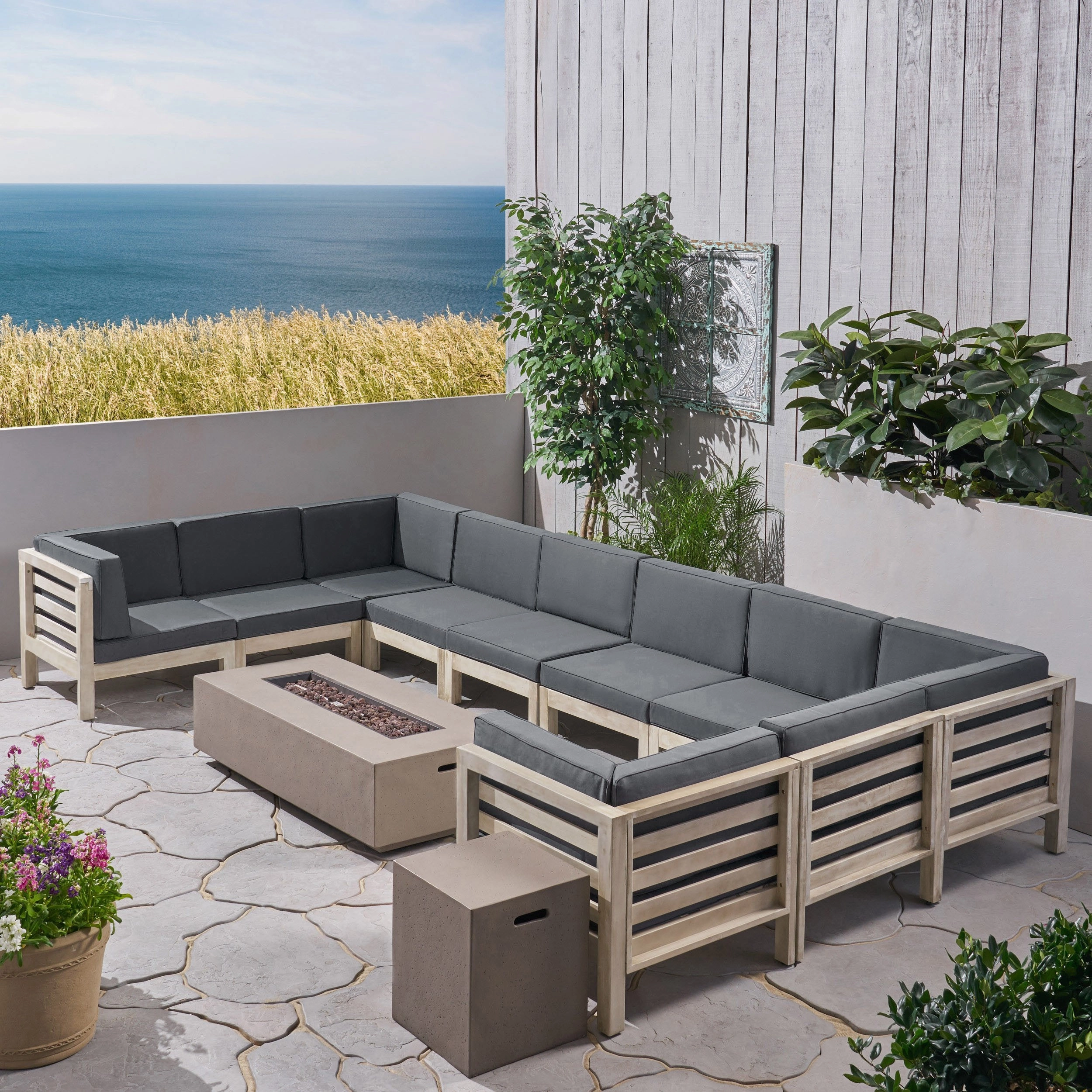 Outdoor 12 Piece U-Shaped Sectional Sofa Set with Fire Pit - NH811703