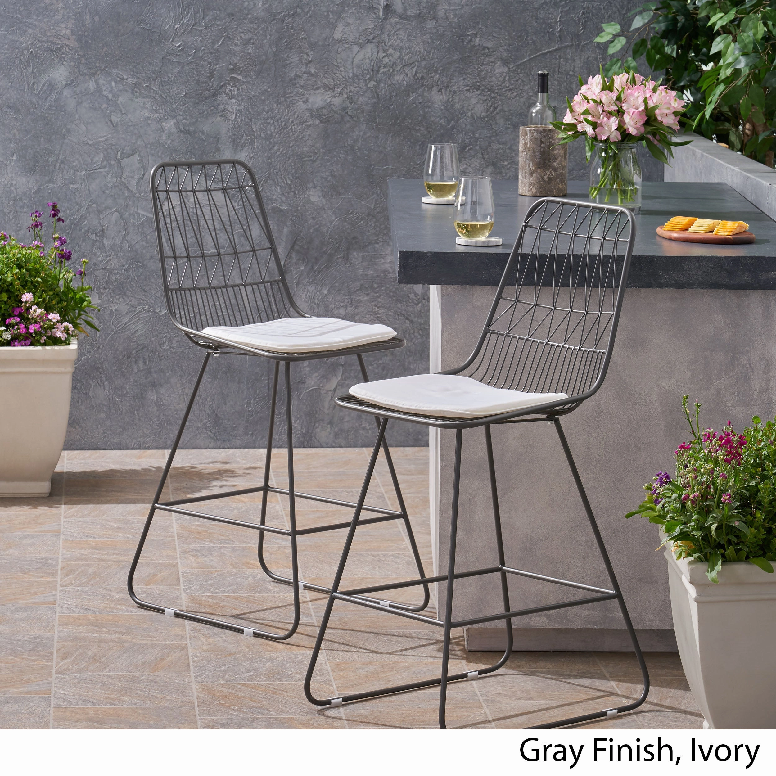 Outdoor 26" Seats Iron Counter Stools with Cushions (Set of 2) - NH895703