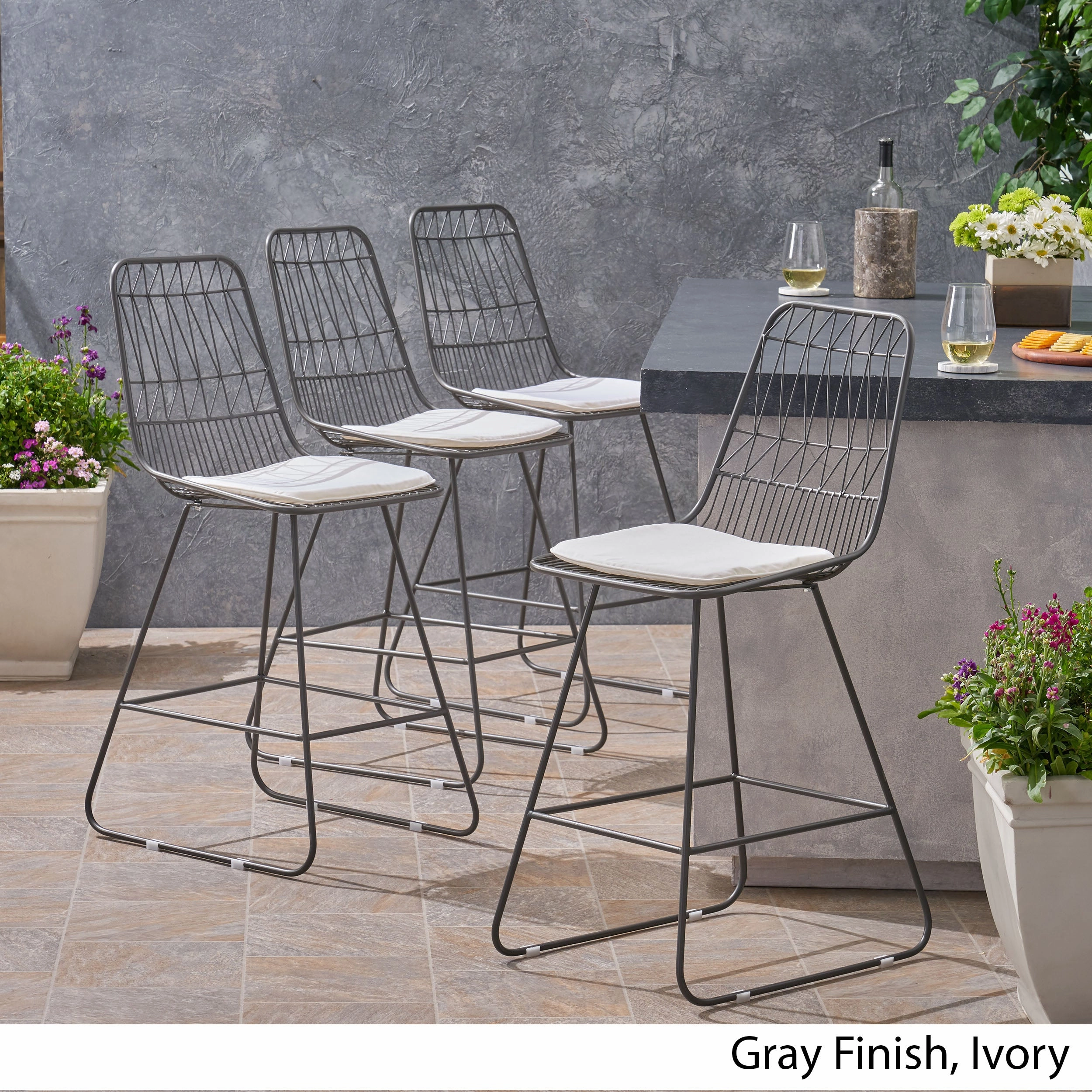 Outdoor 26" Seats Iron Counter Stools with Cushions (Set of 4) - NH806703