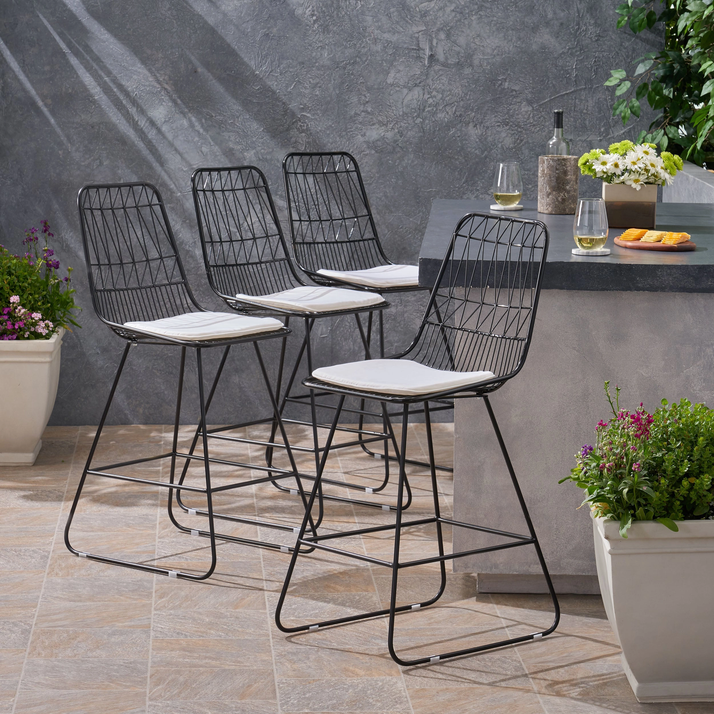 Outdoor 26" Seats Iron Counter Stools with Cushions (Set of 4) - NH806703