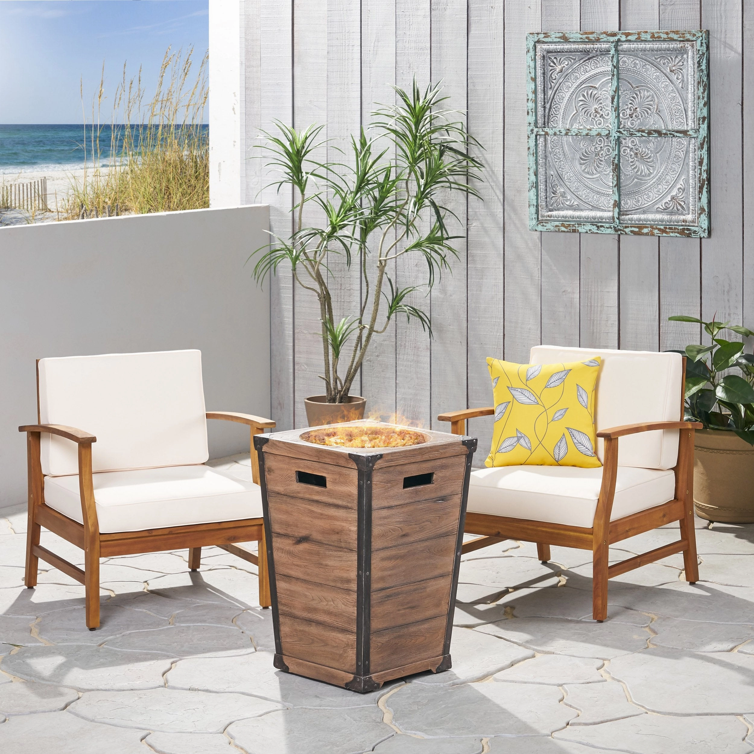 Outdoor 2 Piece Acacia Wood Club Chair Set with Cushions and Fire Column - NH728703 outdoor furniture, garden bench