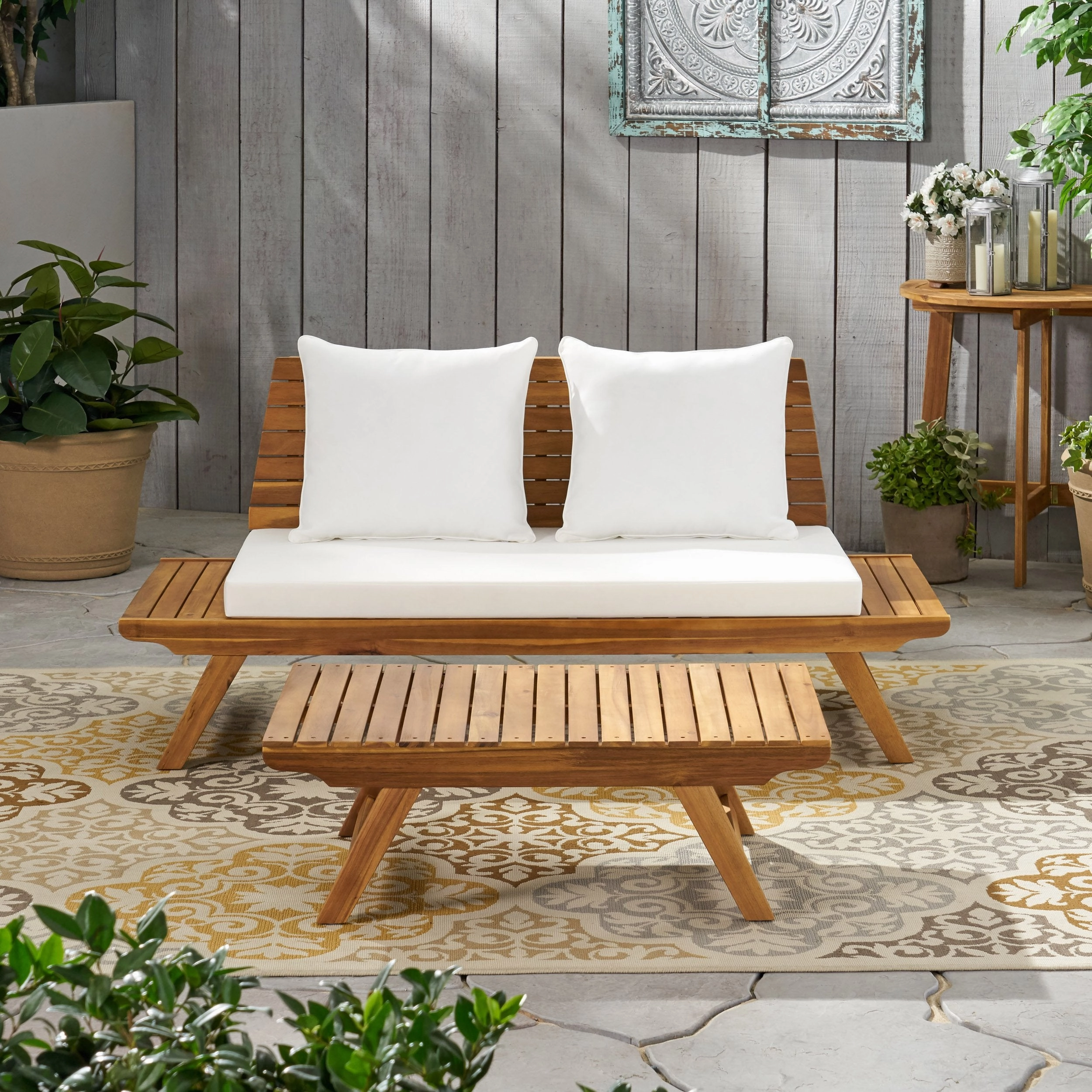 Outdoor 2 Seater Acacia Wood Loveseat and Coffee Table Set - NH466903 outdoor furniture, garden bench
