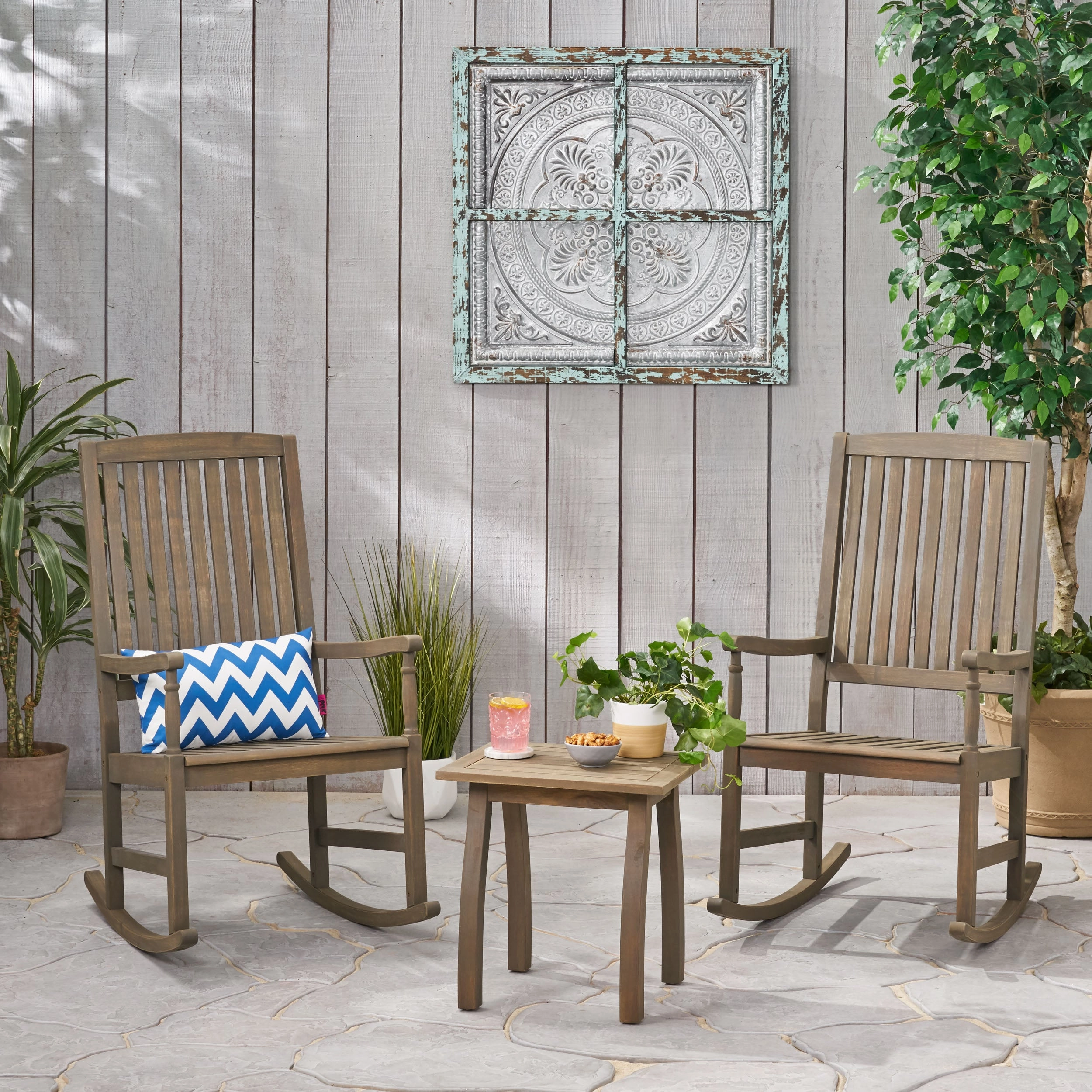 Outdoor 2 Seater Acacia Wood Rocking Chairs and Side Table Set - NH607903