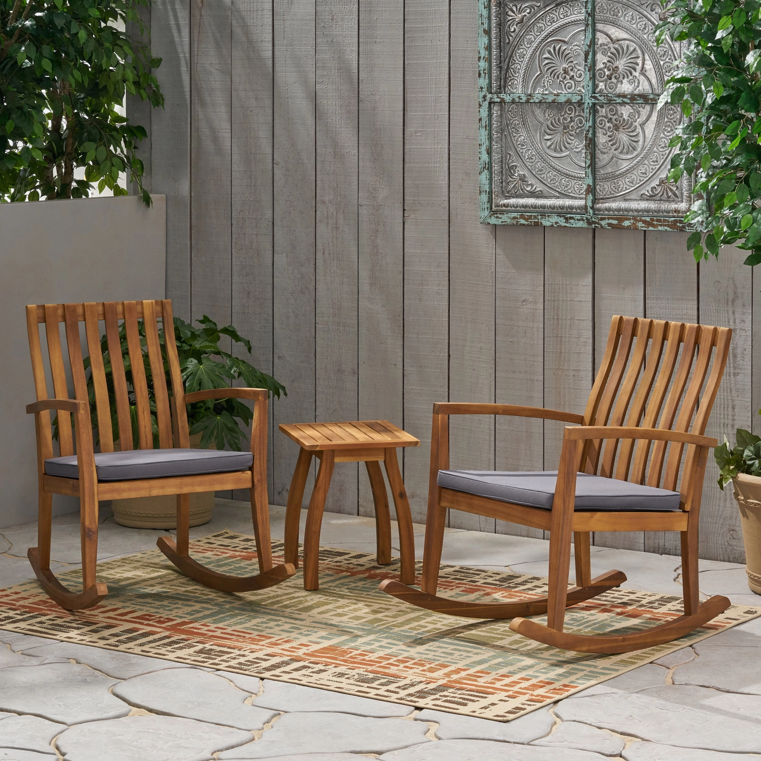 Outdoor 2 Seater Rocking Chair Set with Side Table, Teak and Dark Gray - NH015903 outdoor furniture, garden bench
