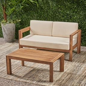 Outdoor 2 Seater Wooden Loveseat and Coffee Table Chat Set with Cushions, Beige and Brown Finish - NH272903 outdoor furniture, garden bench