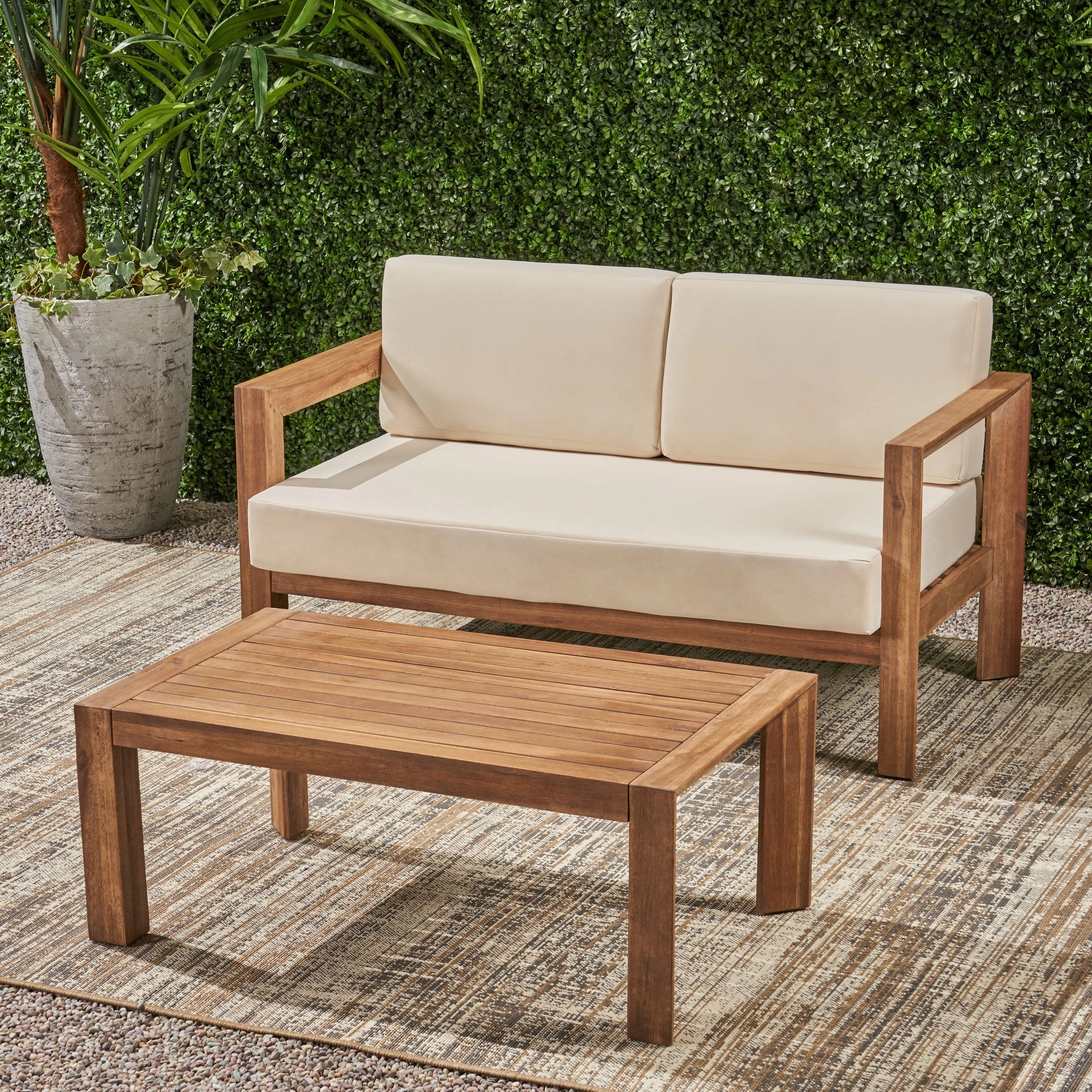 Outdoor 2 Seater Wooden Loveseat and Coffee Table Chat Set with Cushions, Beige and Brown Finish - NH272903 outdoor furniture, garden bench