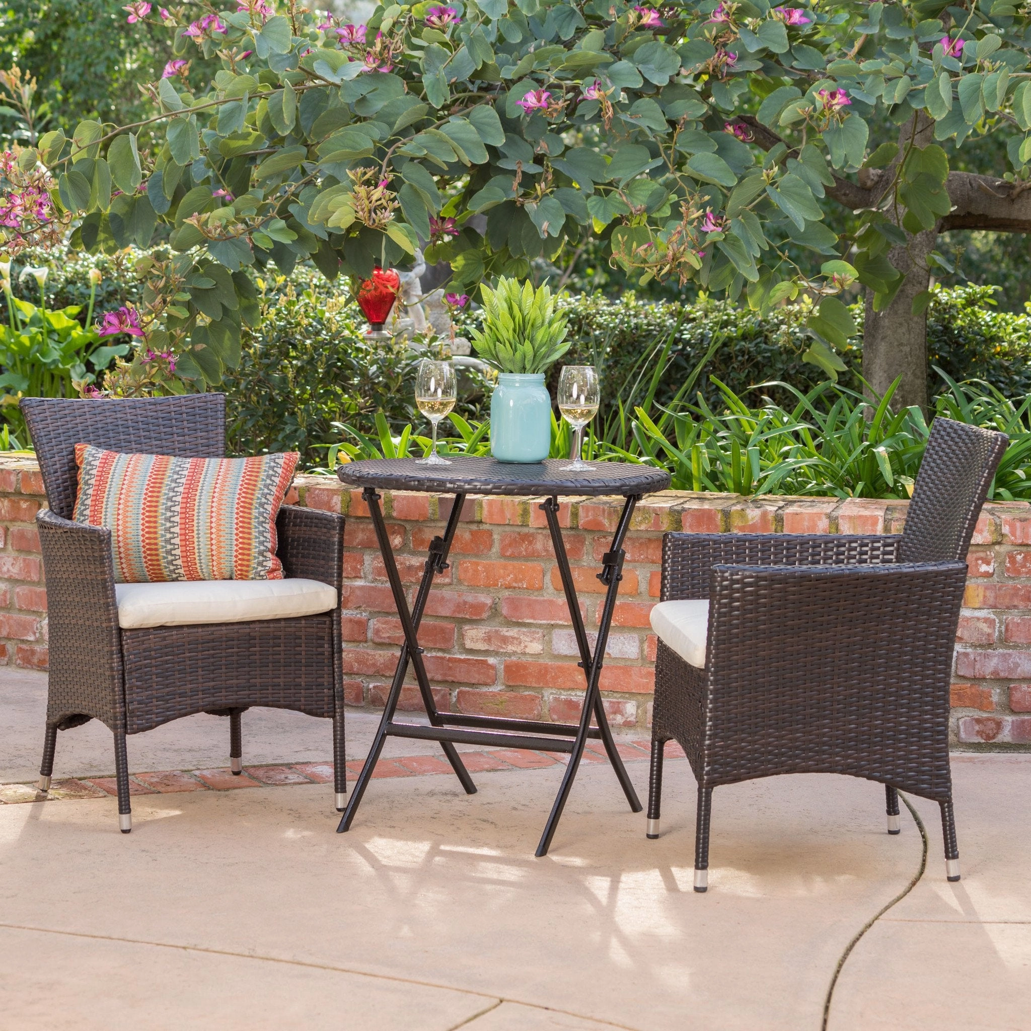 Outdoor 3 Pc brown Wicker Bistro Set w/Beige Water Resistant Cushion - NH472003 outdoor lounge chair, patio sofa
