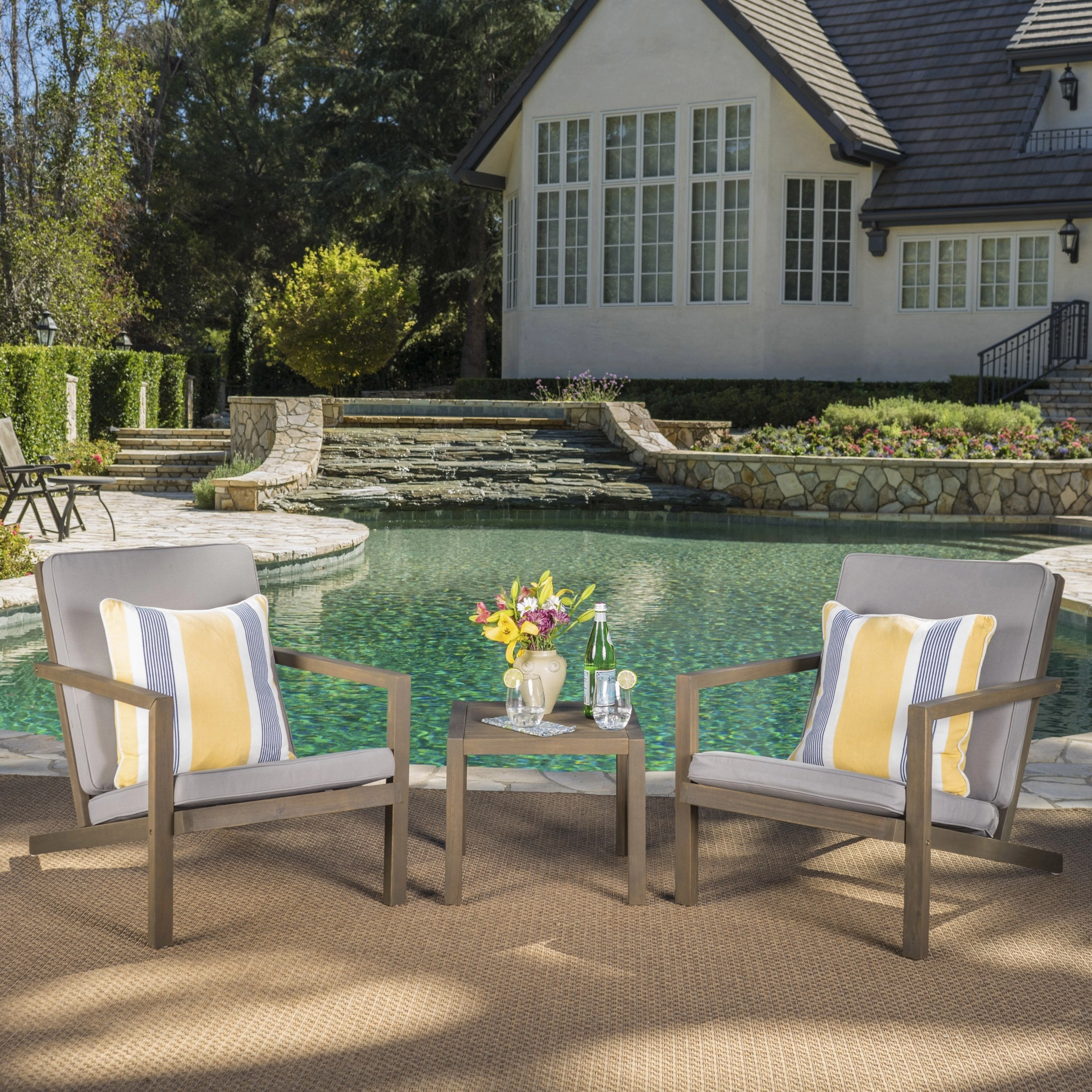 Outdoor 3 Piece Acacia Wood Chat Set with Water Resistant Cushions - NH021603 outdoor furniture, garden bench
