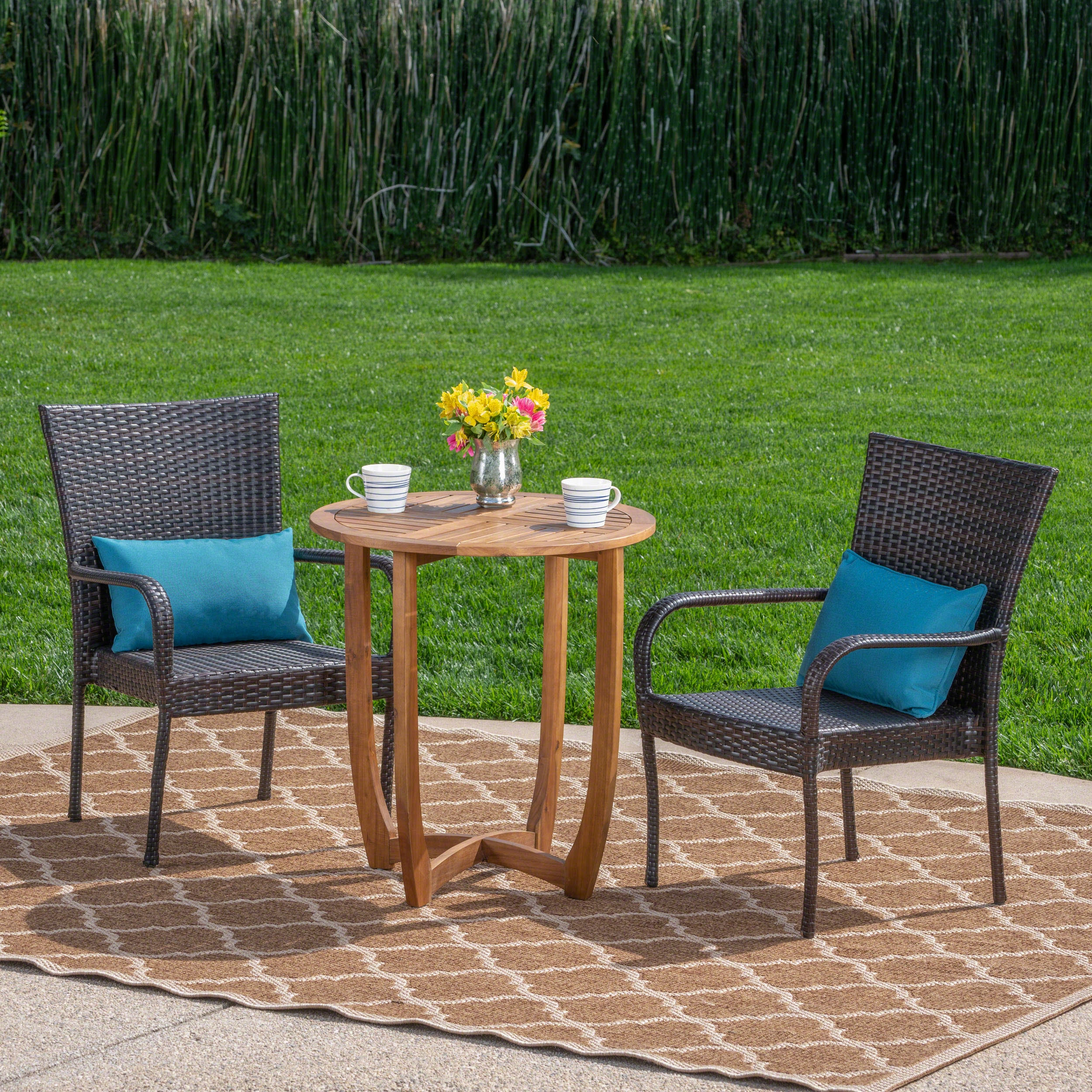 Outdoor 3 Piece Acacia Wood/ Wicker Bistro Set, Teak Finish and Multibrown - NH892403 outdoor lounge chair, patio sofa