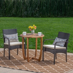 Outdoor 3 Piece Acacia Wood/ Wicker Bistro Set with Cushions, Teak Finish and Multibrown with Crme - NH203403 outdoor lounge chair, patio sofa