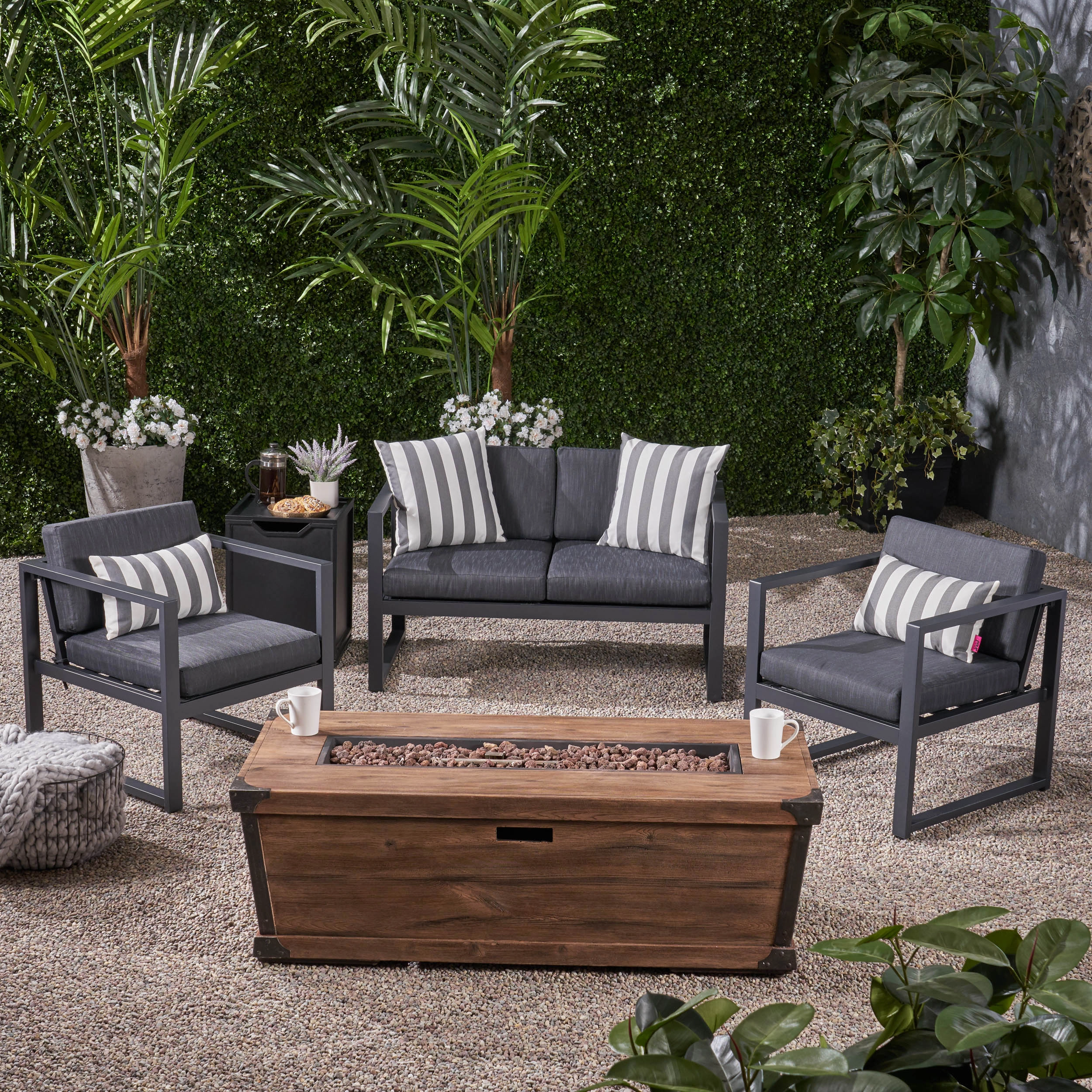 Outdoor 3 Piece Aluminum Chat Set with Cushions and Fire Pit - NH118703 outdoor furniture, garden bench