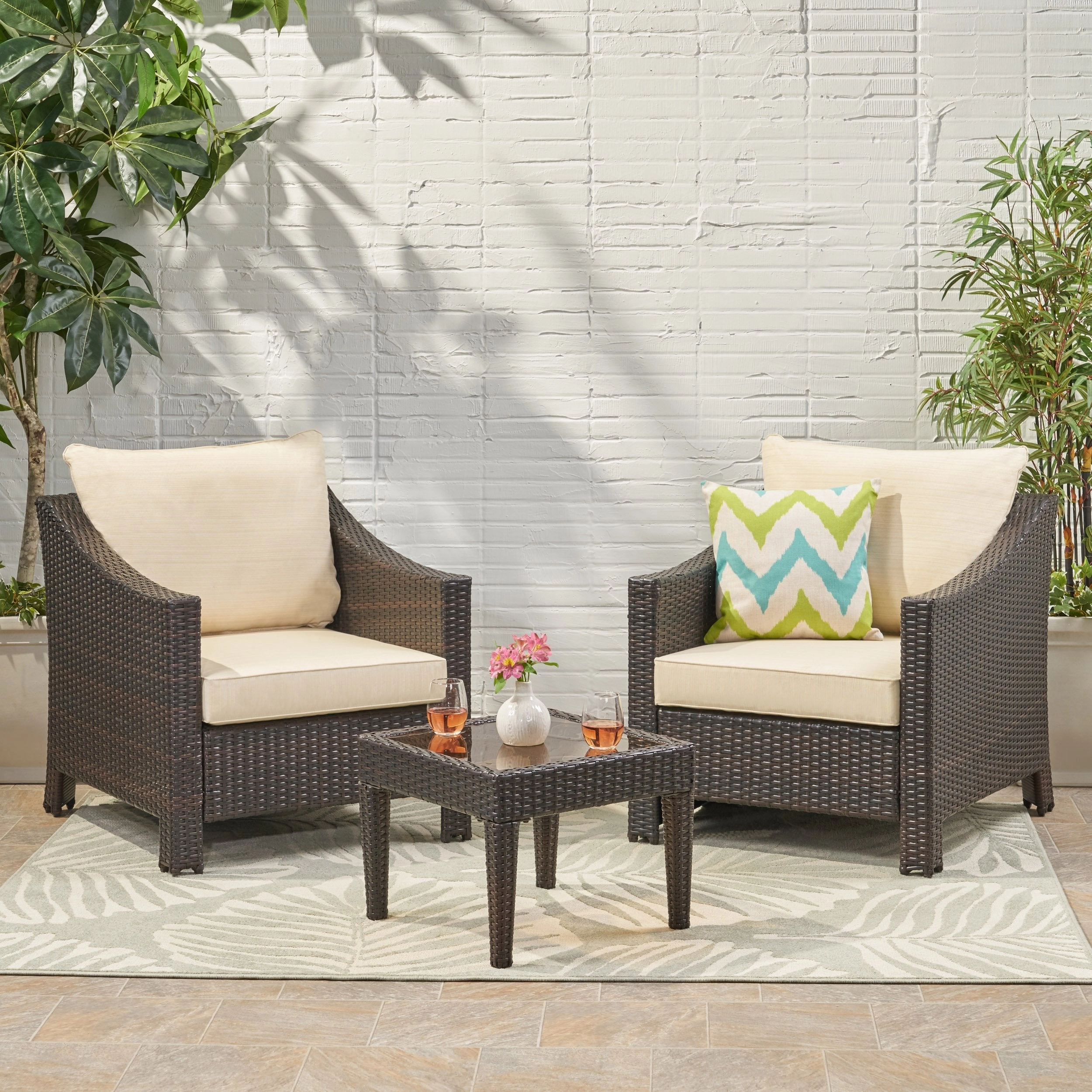 Outdoor 3-piece Brown Wicker Bistro Set with Cushions - NH160692 outdoor furniture, garden bench