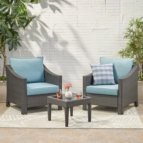 Outdoor 3 Piece Gray Wicker Chat Set with Teal Water Resistant Cushions - NH643303 outdoor furniture, garden bench