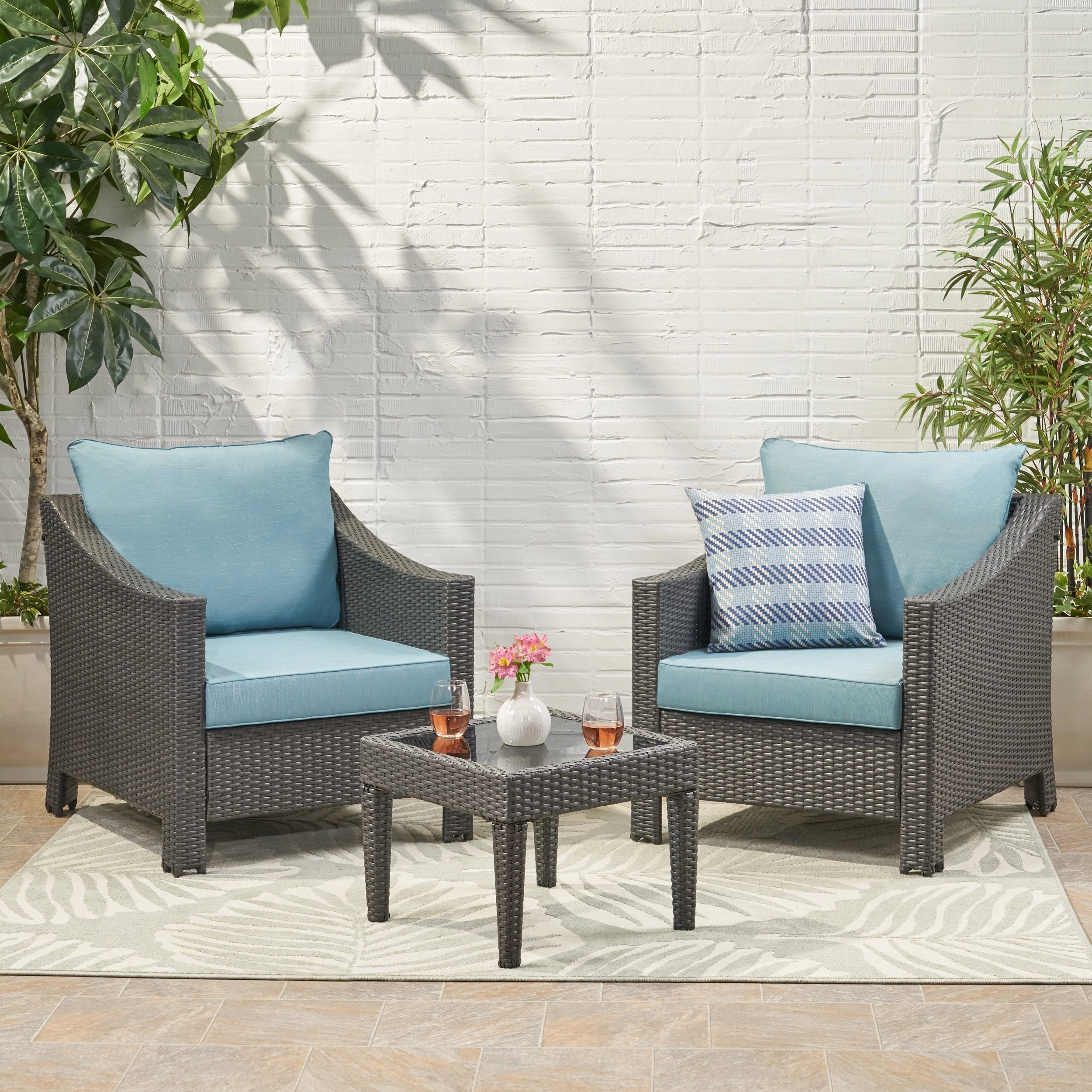 Outdoor 3 Piece Gray Wicker Chat Set with Teal Water Resistant Cushions - NH643303 outdoor furniture, garden bench