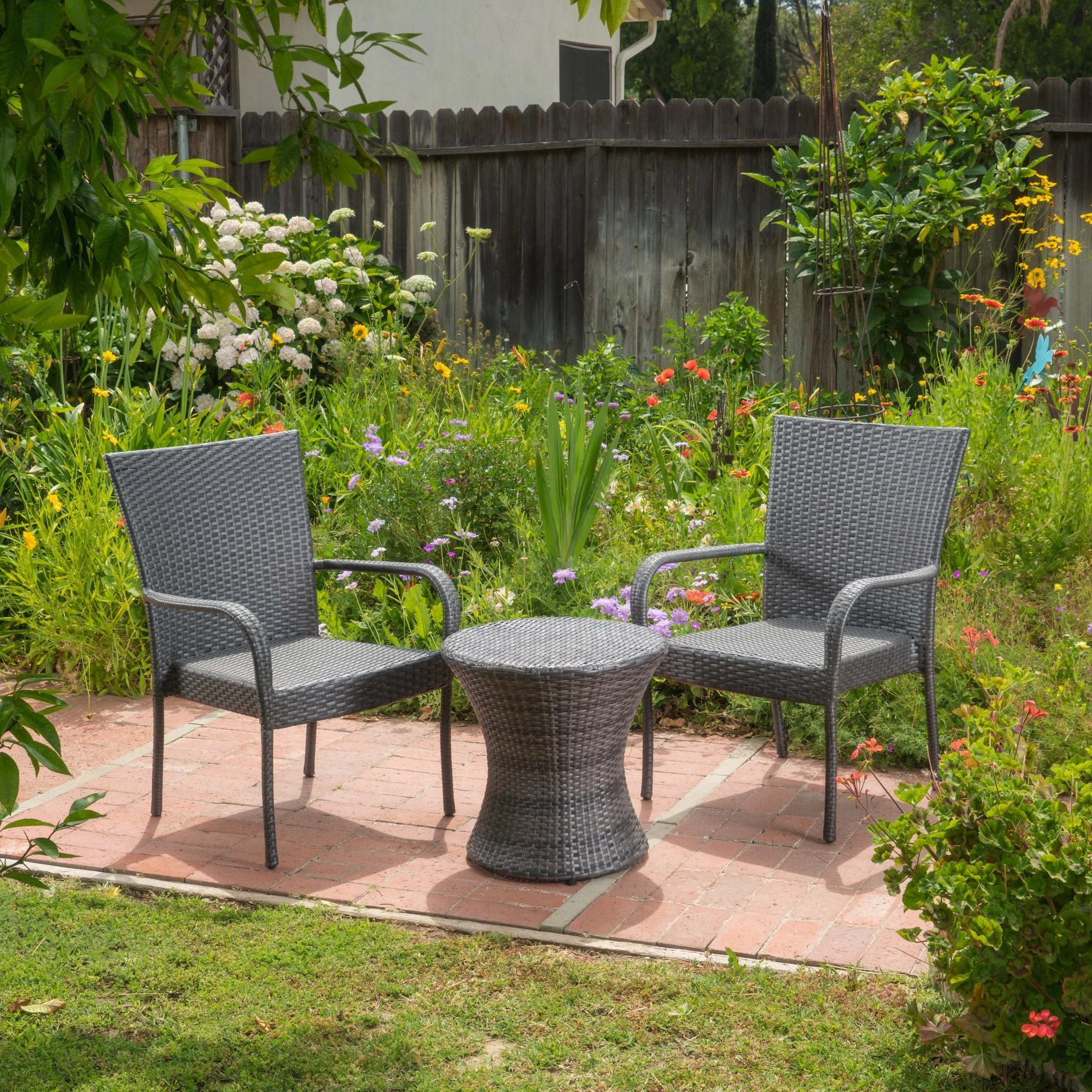 Outdoor 3 Piece Grey Wicker Stacking Chair Chat Set - NH669003 outdoor furniture, garden bench