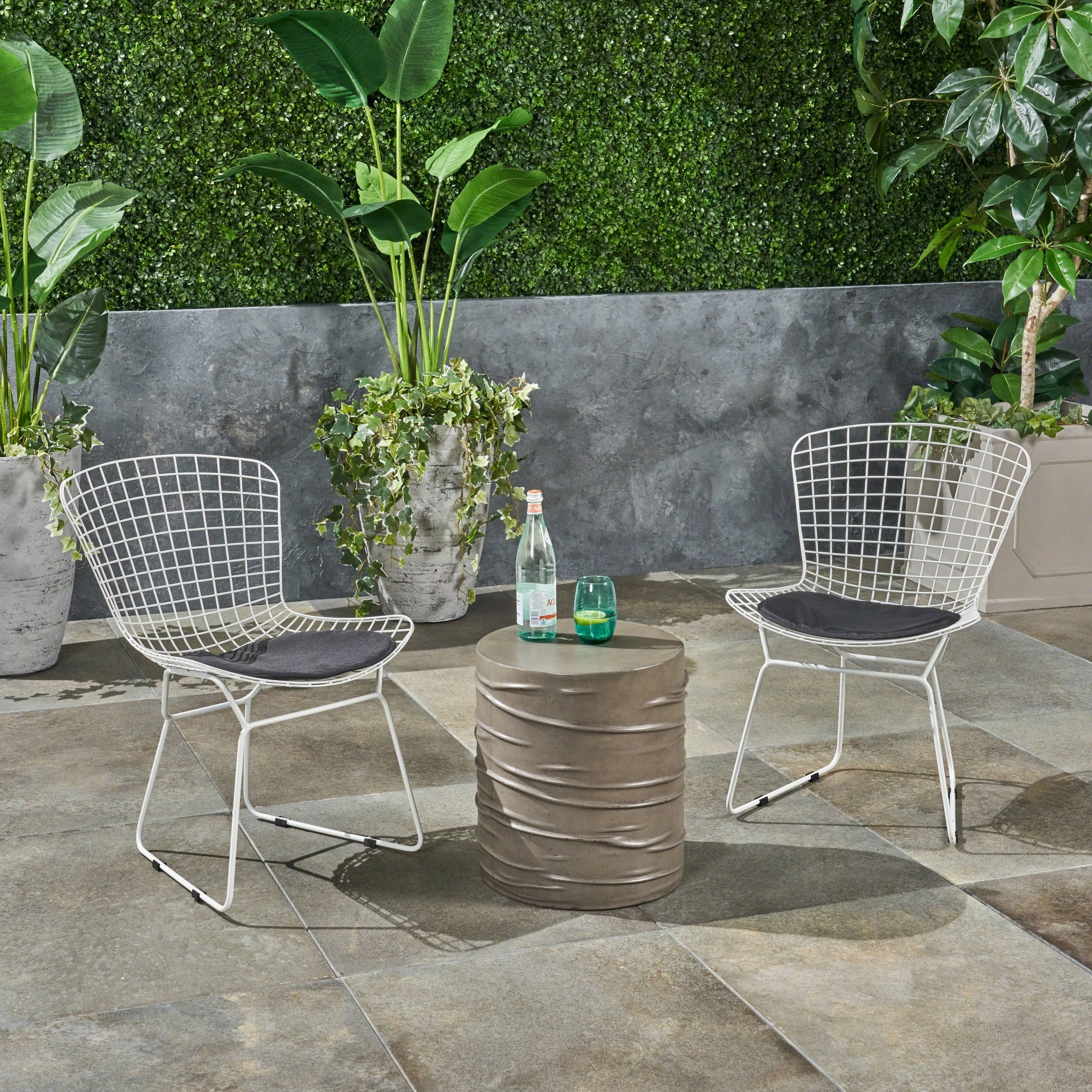Outdoor 3 Piece Iron and Light Weight Concrete Chat Set, Black and Light Gray - NH221503 outdoor furniture, garden bench