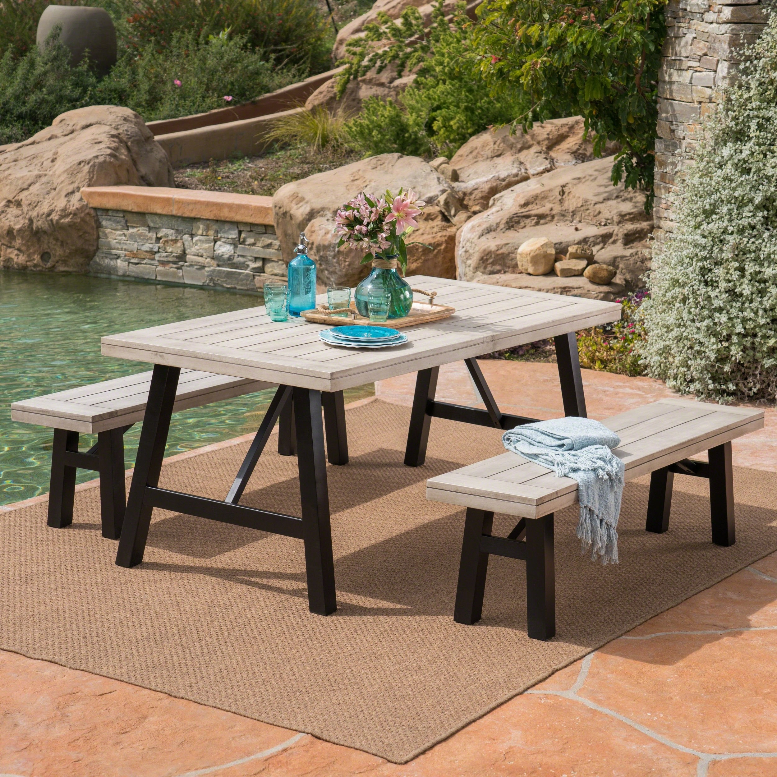 Outdoor 3 Piece Light Gray Finished Acacia Wood Picnic Set - NH767303 outdoor lounge chair, patio sofa