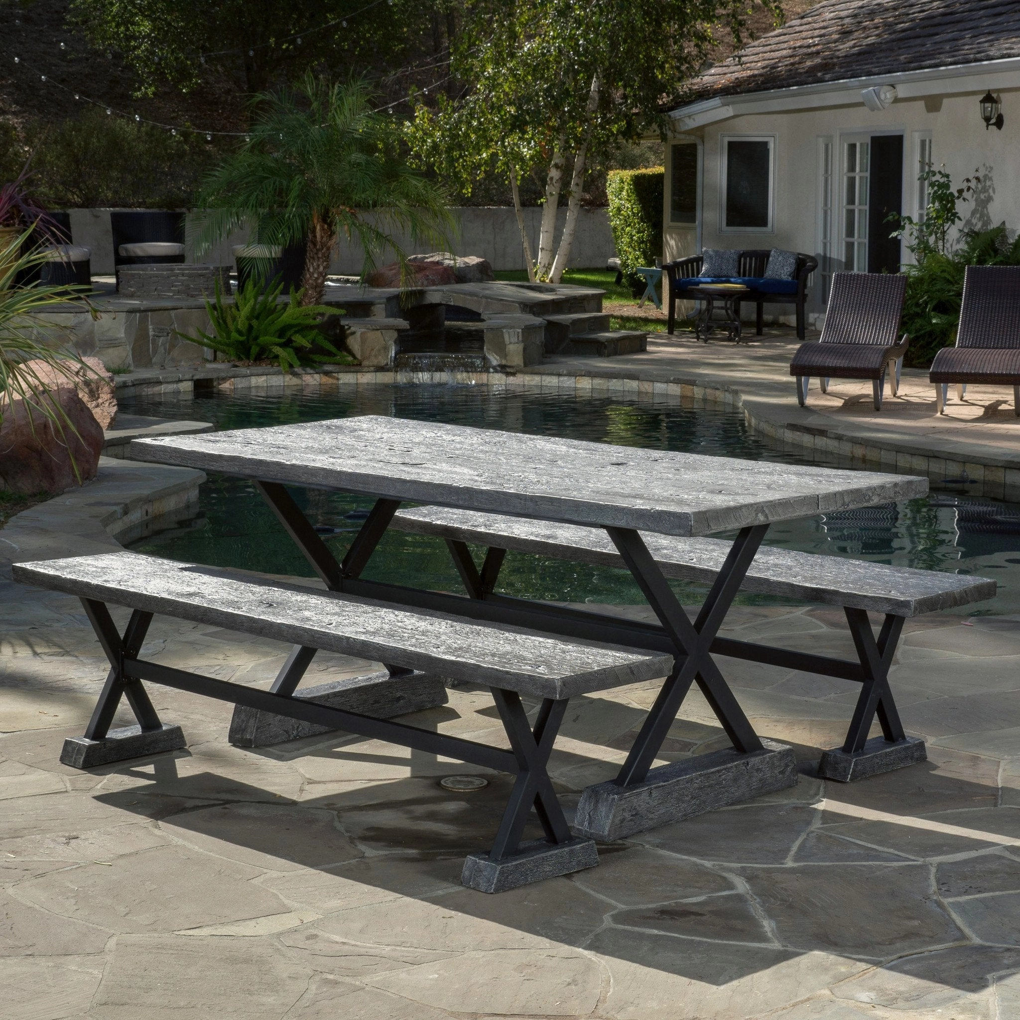 Outdoor 3 Piece Lightweight Concrete Dining Set with Benches - NH829592