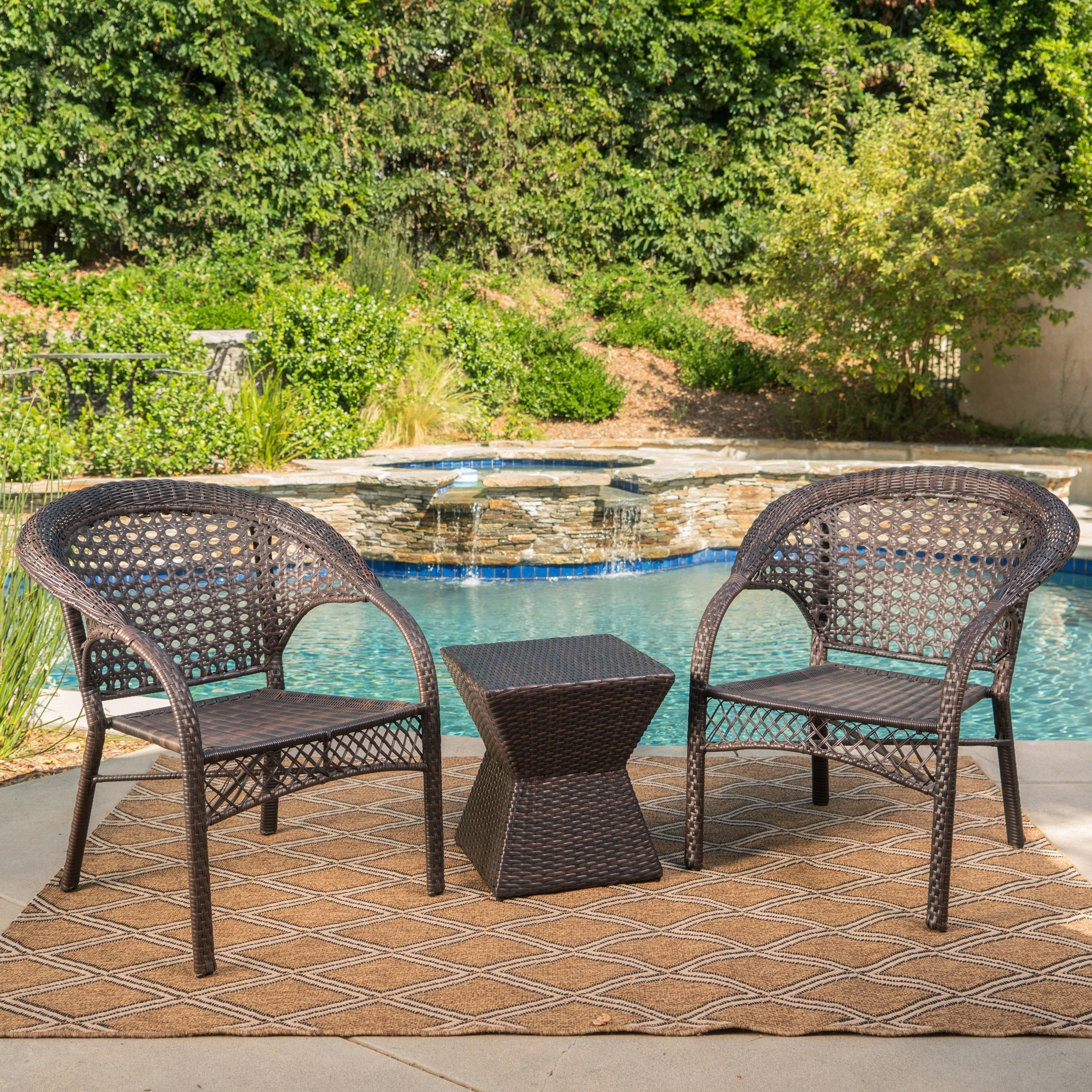 Outdoor 3 Piece Multi-Brown Wicker Chat Set with Stacking Chairs - NH574103