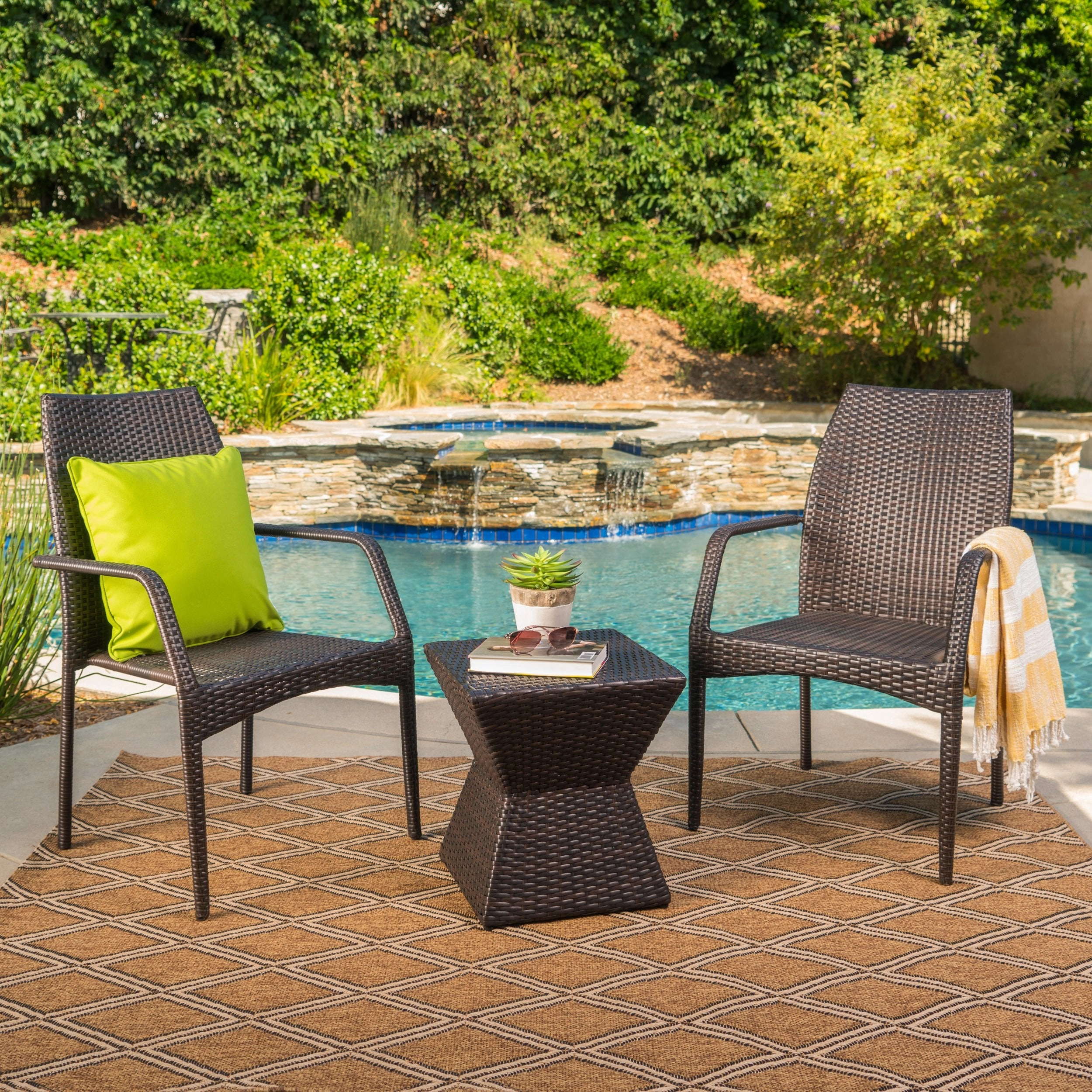 Outdoor 3 Piece Multi-Brown Wicker Chat Set with Stacking Chairs - NH974103 outdoor furniture, garden bench