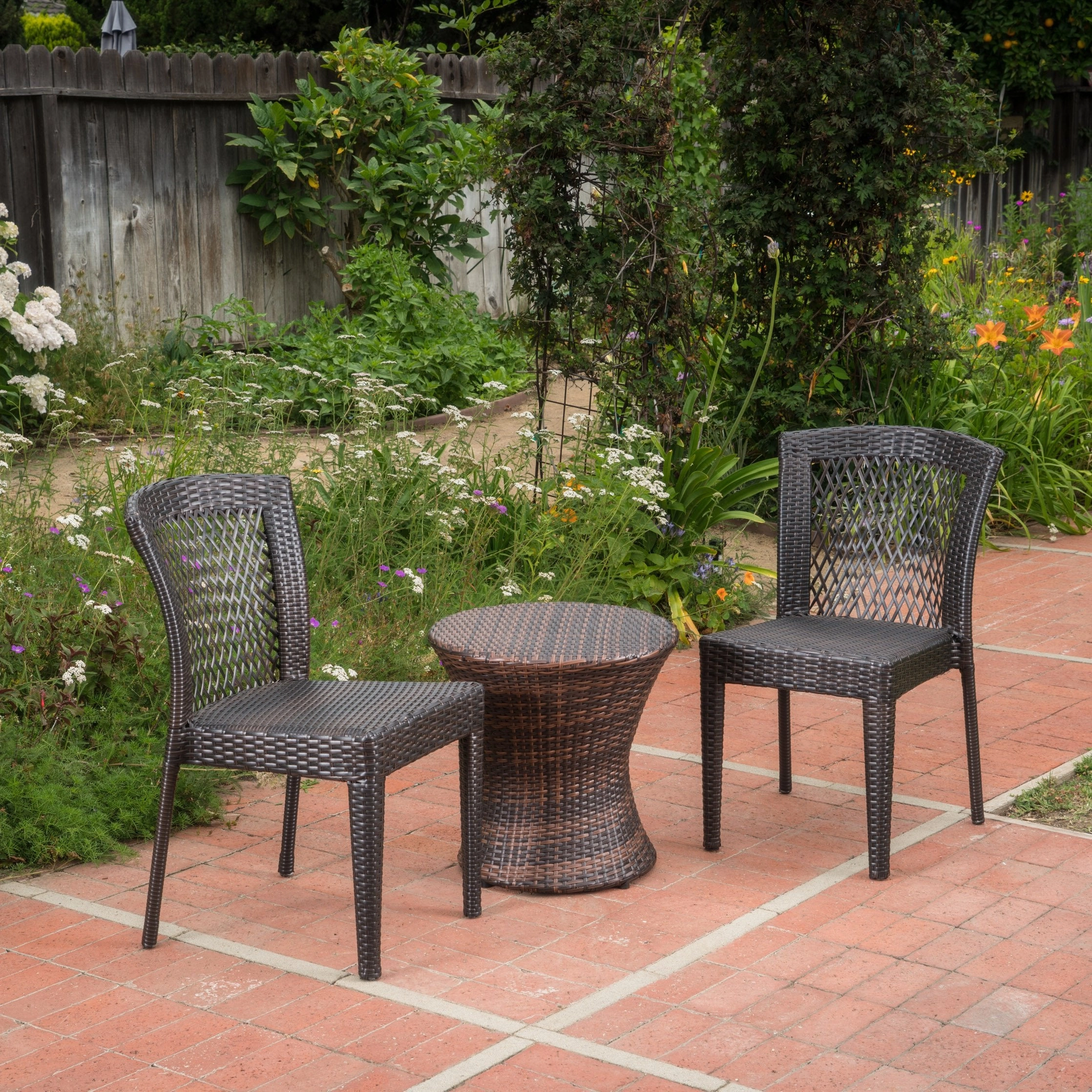 Outdoor 3 Piece Multi-brown Wicker Stacking Chair Chat Set - NH159003 outdoor furniture, garden bench