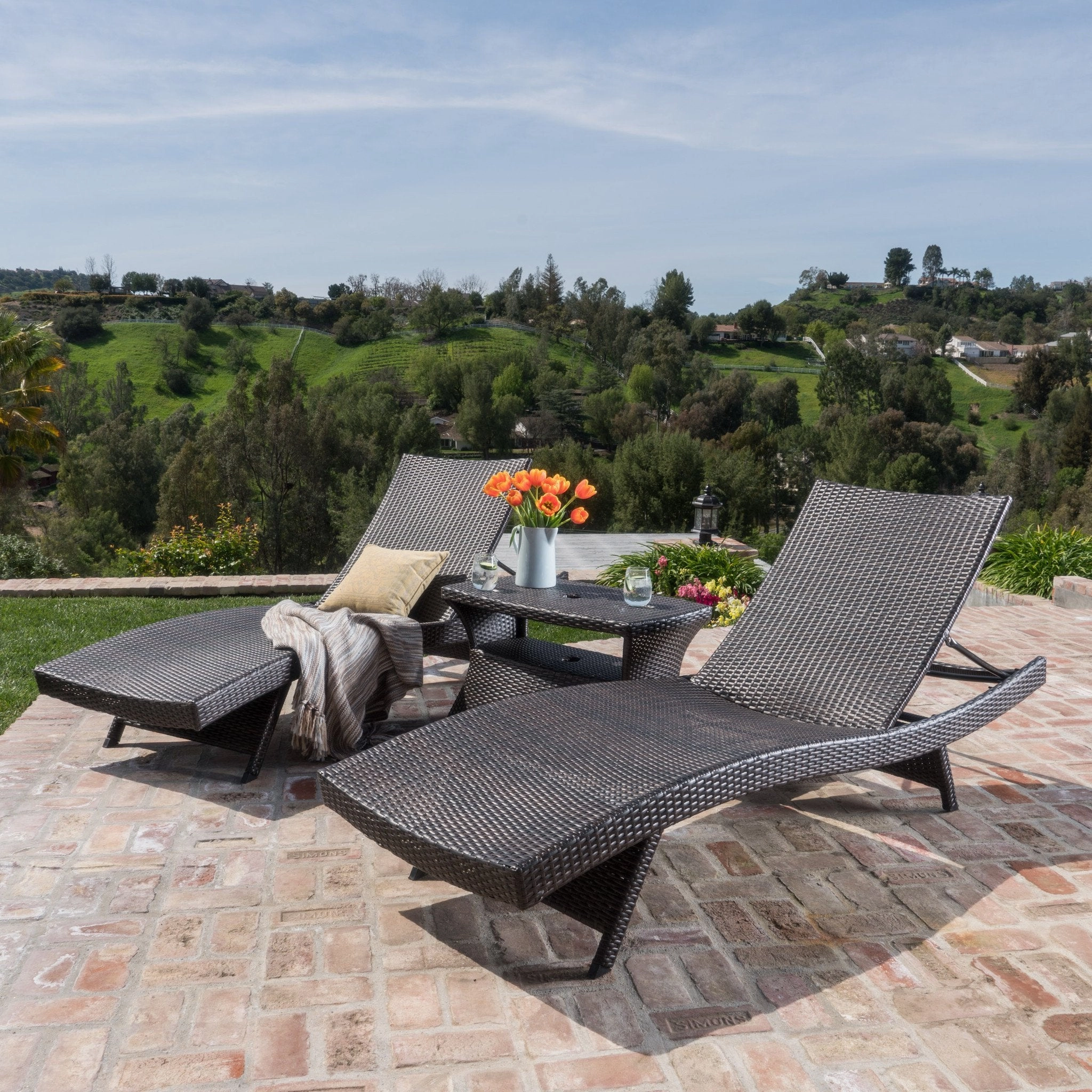 Outdoor 3 Piece Mutlibrown Wicker Chaise Lounge Set with Table - NH043003 outdoor furniture, garden bench