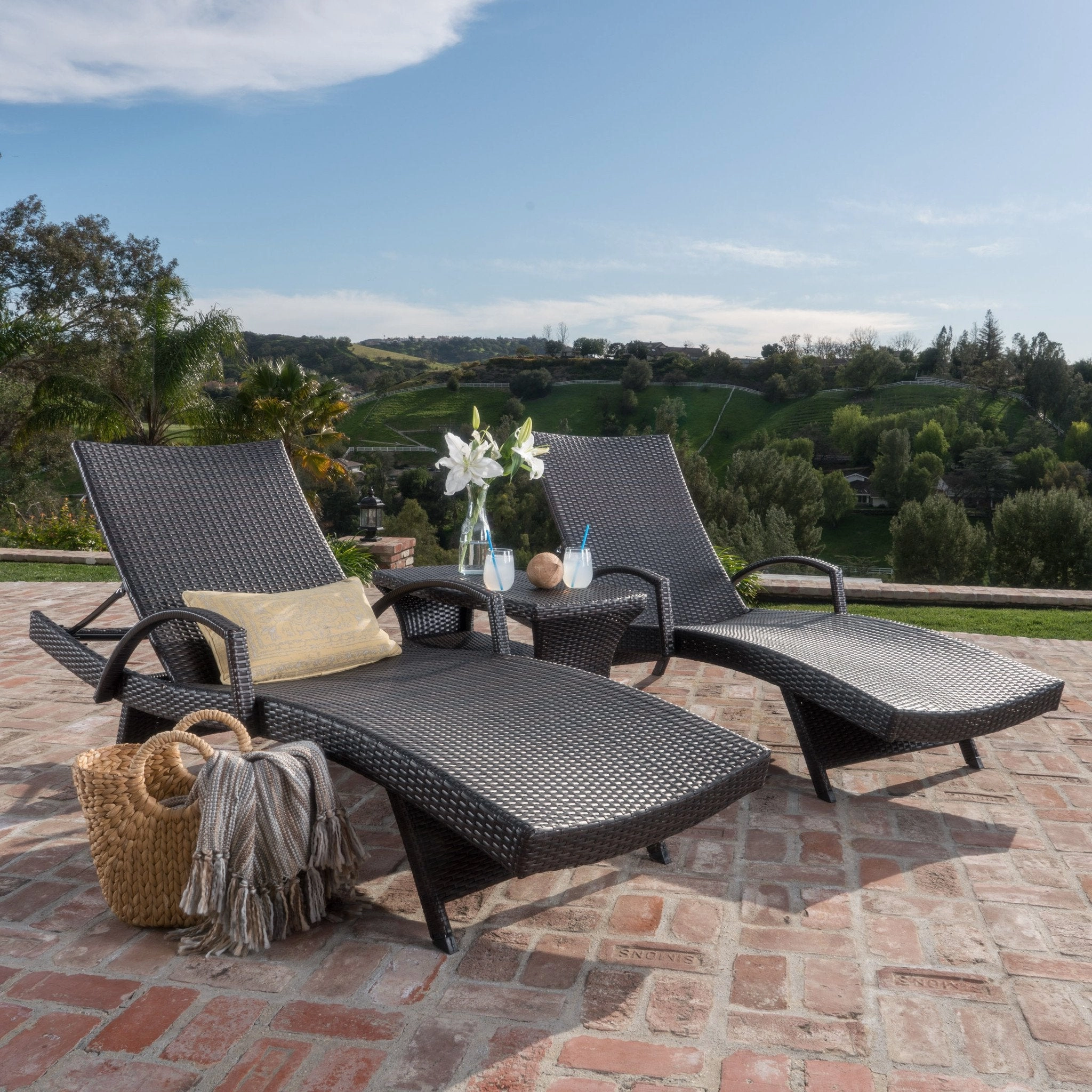 Outdoor 3 Piece Mutlibrown Wicker Chaise Lounge Set with Table - NH143003 patio umbrella, gazebo