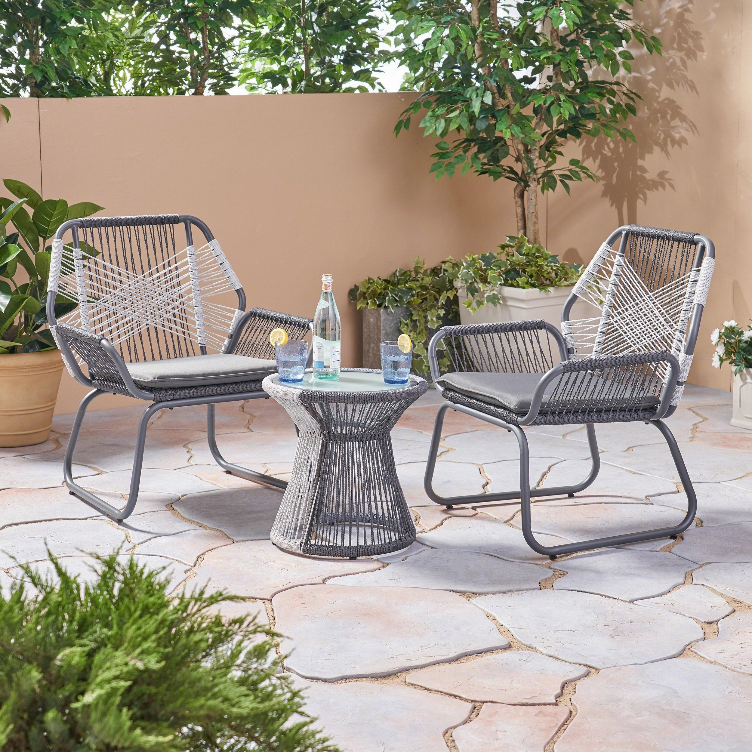 Outdoor 3 Piece Rope and Steel Chat Set, Gray Finish and White - NH932503 outdoor furniture, garden bench