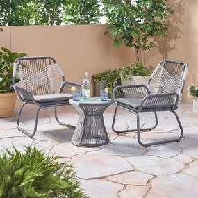 Outdoor 3 Piece Rope and Steel Chat Set, Gray Finish and White - NH932503 outdoor furniture, garden bench