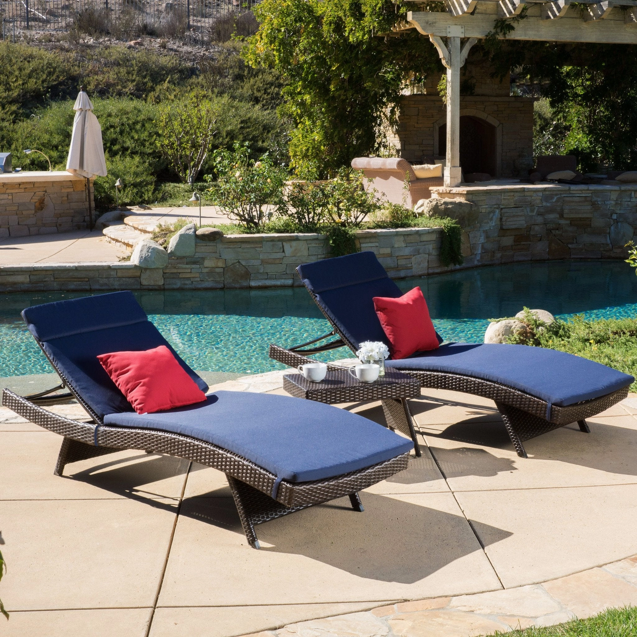 Outdoor 3-piece Wicker Adjustable Chaise Lounge Set with Cushions - NH439592 patio umbrella, gazebo