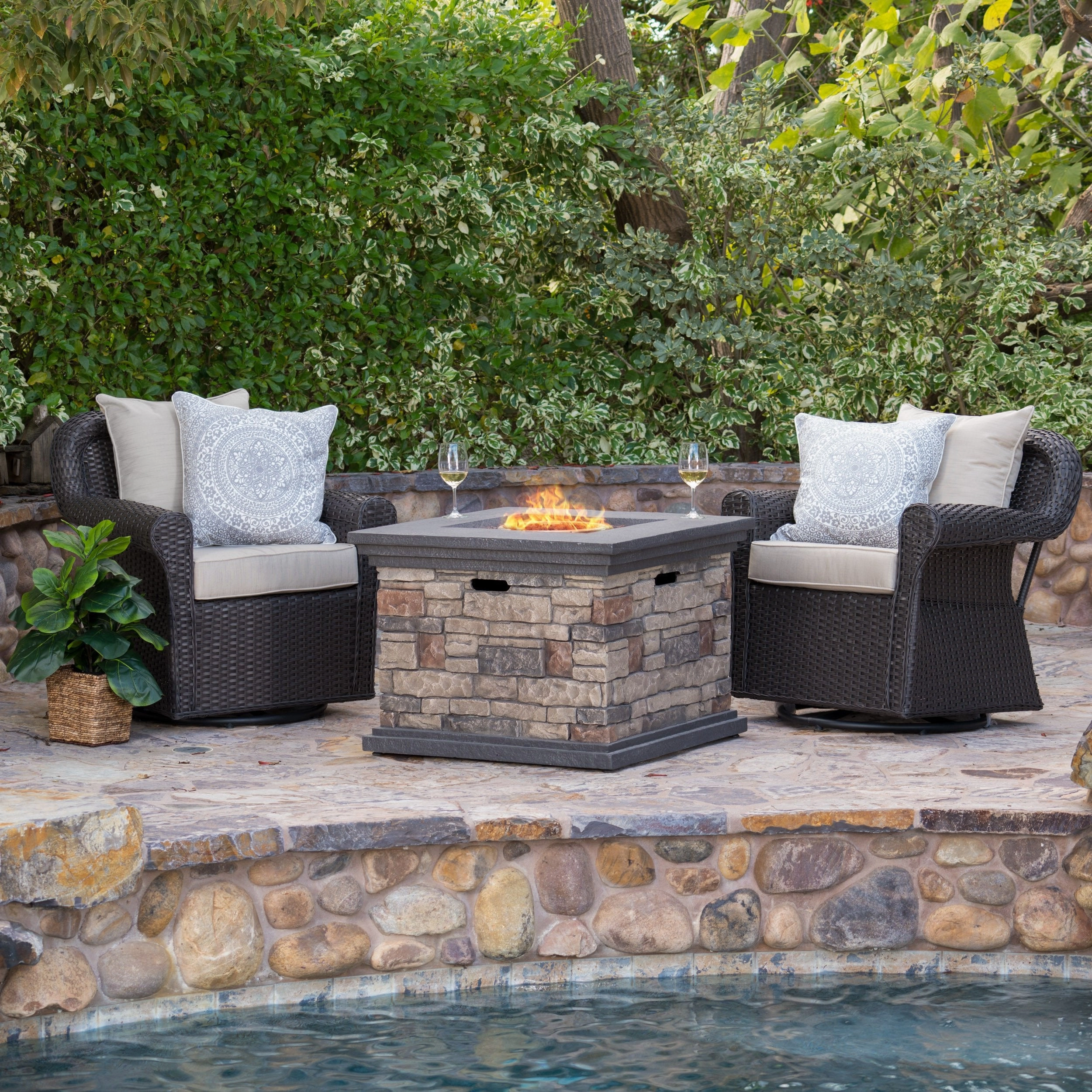Outdoor 3 Piece Wicker Rocker and Gas Firepit Set - NH742003 outdoor furniture, garden bench