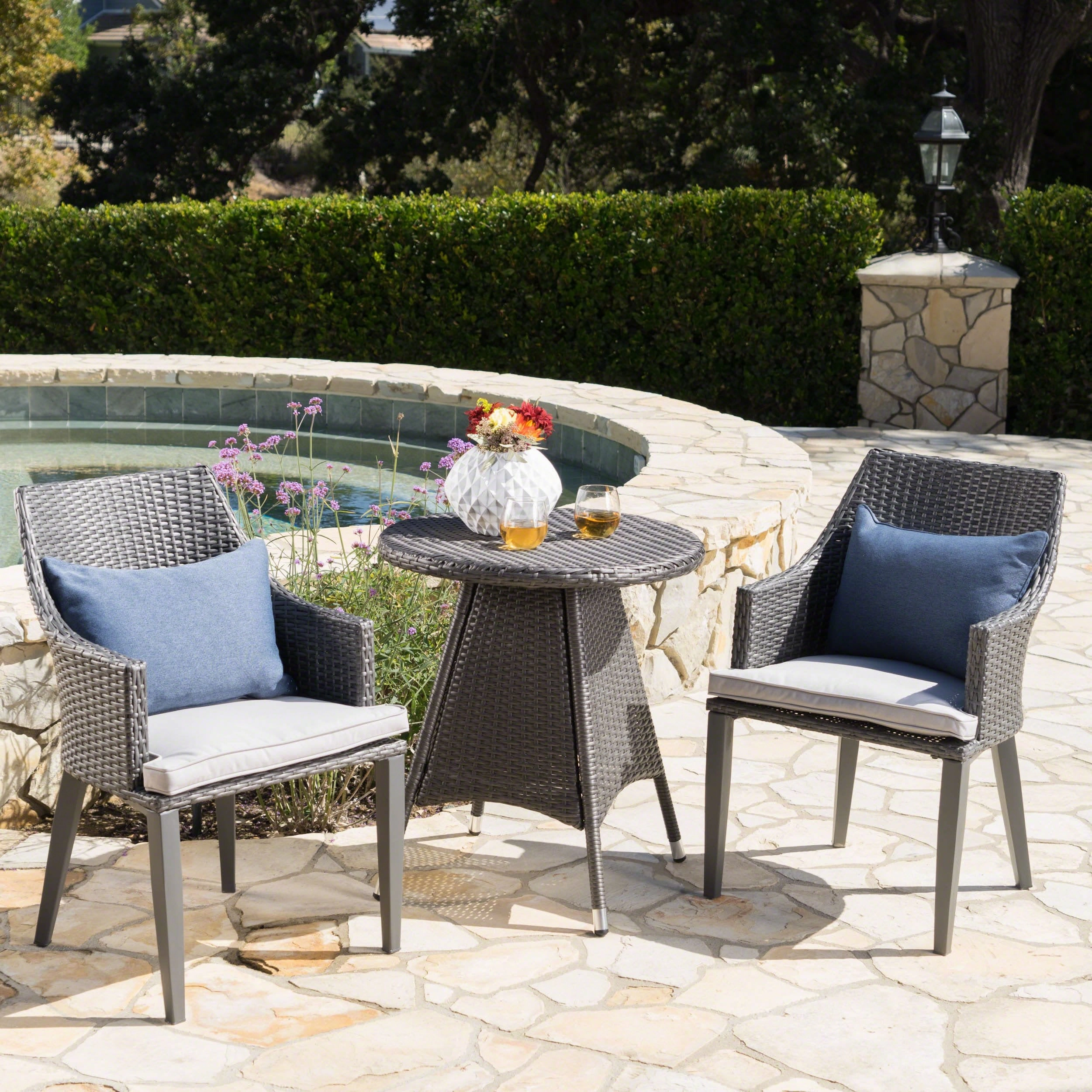 Outdoor 3 Piece Wicker Round Bistro Set with Water Resistant Cushions - NH364203 outdoor lounge chair, patio sofa