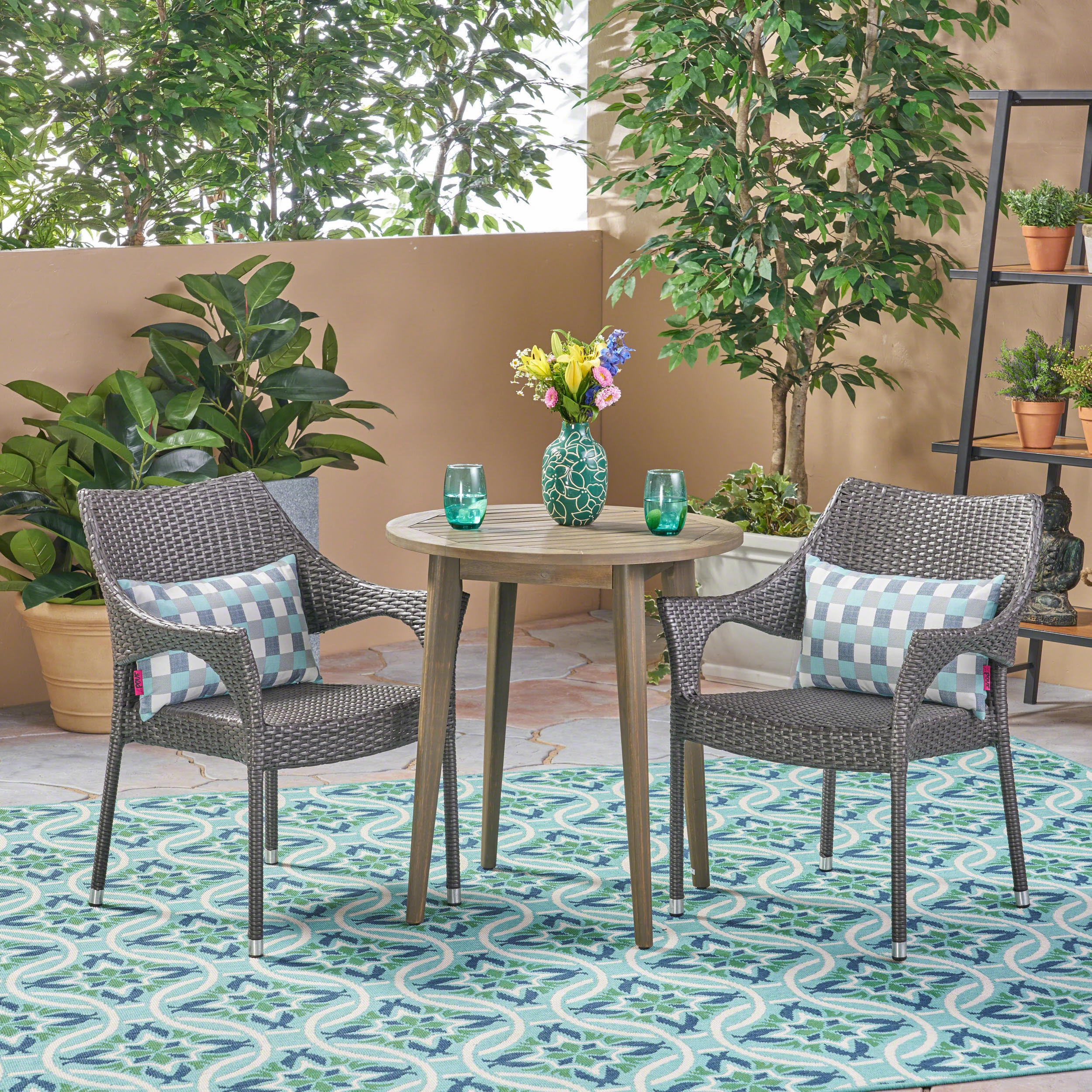 Outdoor 3 Piece Wood  and Wicker Bistro Set - NH772503