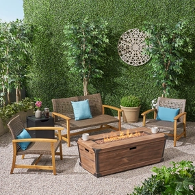 Outdoor 3 Piece Wood and Wicker Chat Set with Fire Pit - NH518703 outdoor furniture, garden bench
