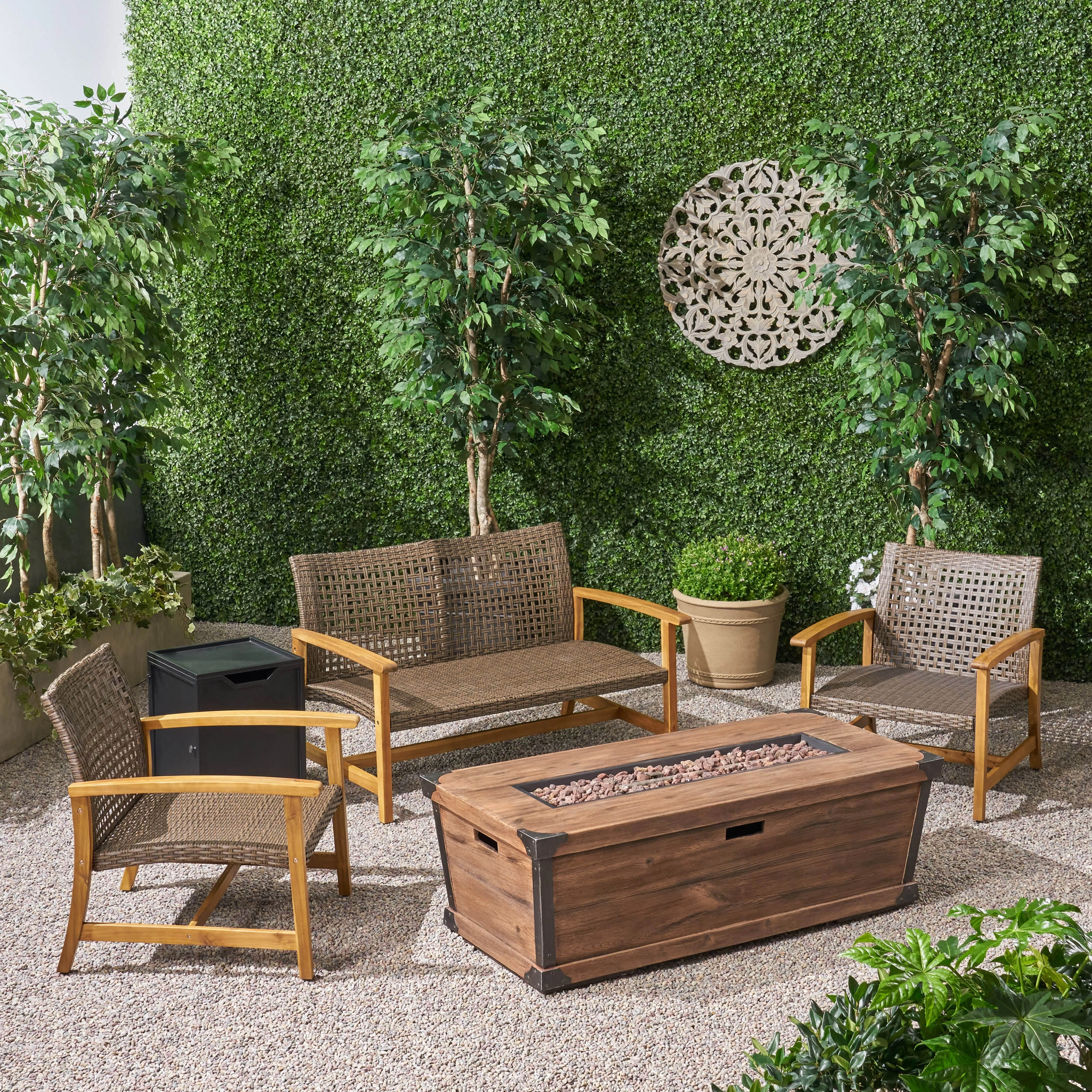 Outdoor 3 Piece Wood and Wicker Chat Set with Fire Pit - NH518703