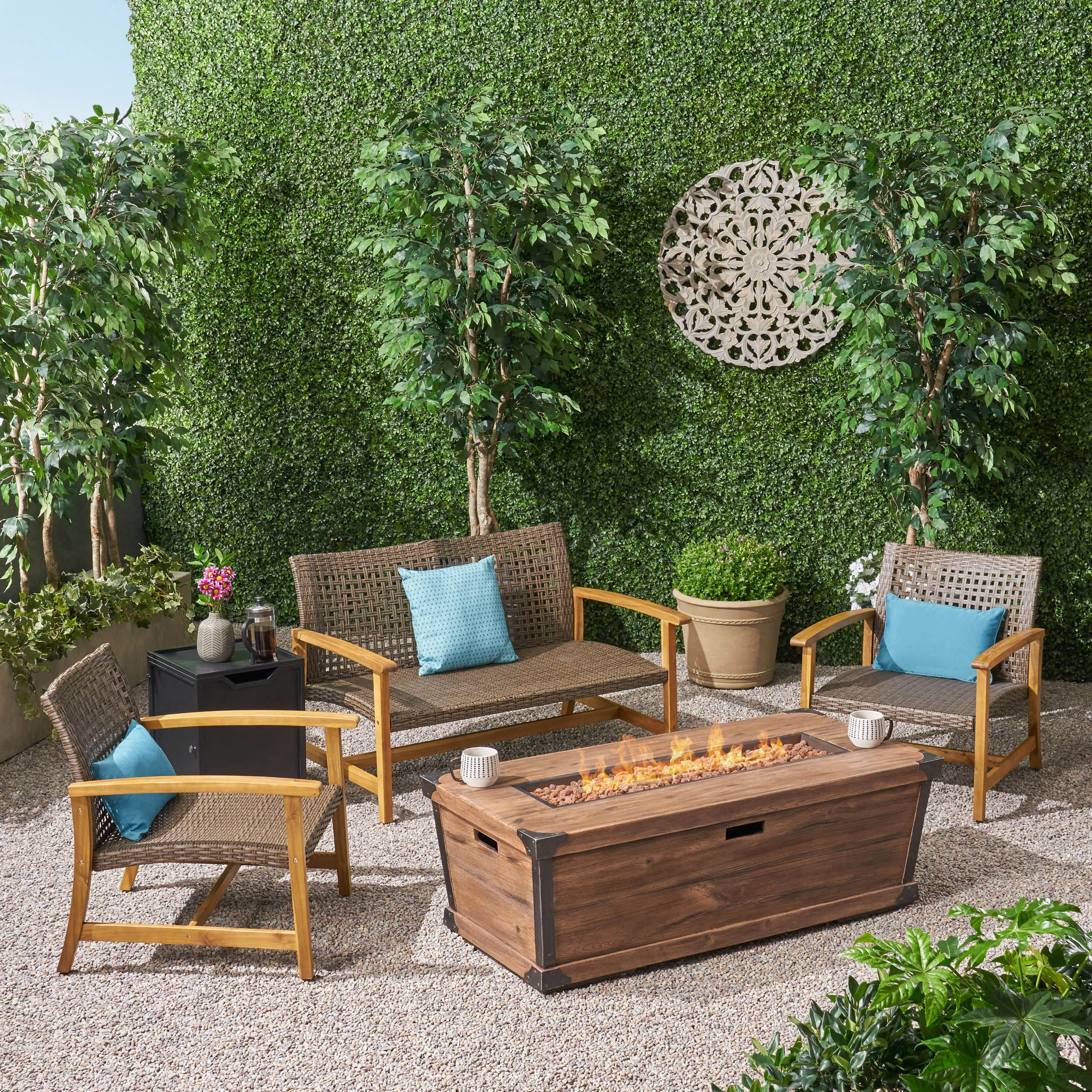 Outdoor 3 Piece Wood and Wicker Chat Set with Fire Pit - NH518703 outdoor furniture, garden bench