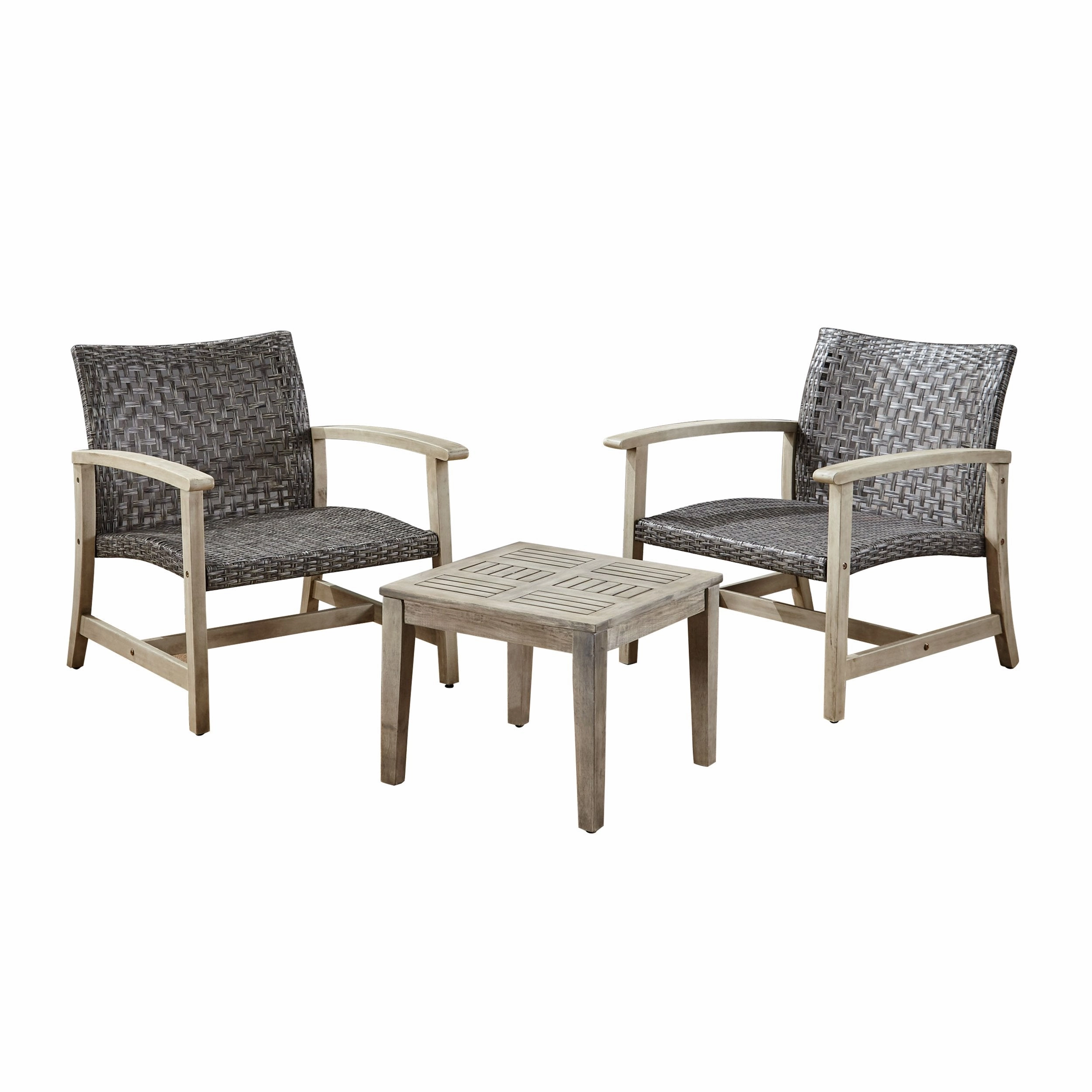 Outdoor 3 Piece Wood and Wicker Club Chairs and Side Table Set - NH541803