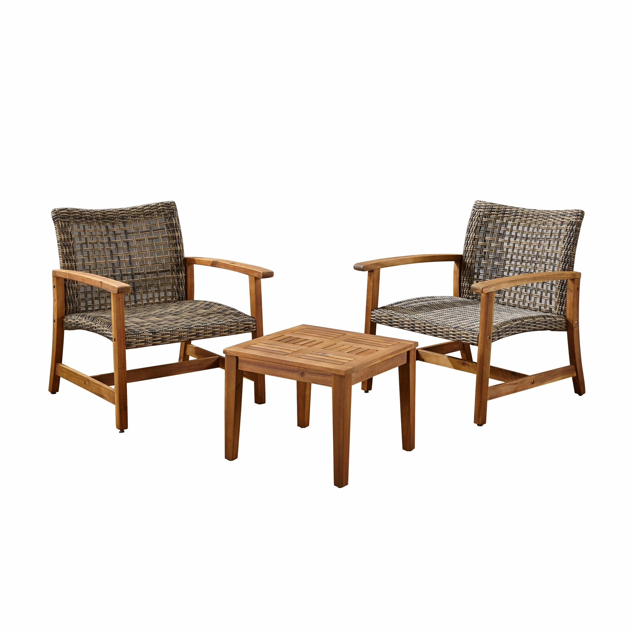 Outdoor 3 Piece Wood and Wicker Club Chairs and Side Table Set - NH541803