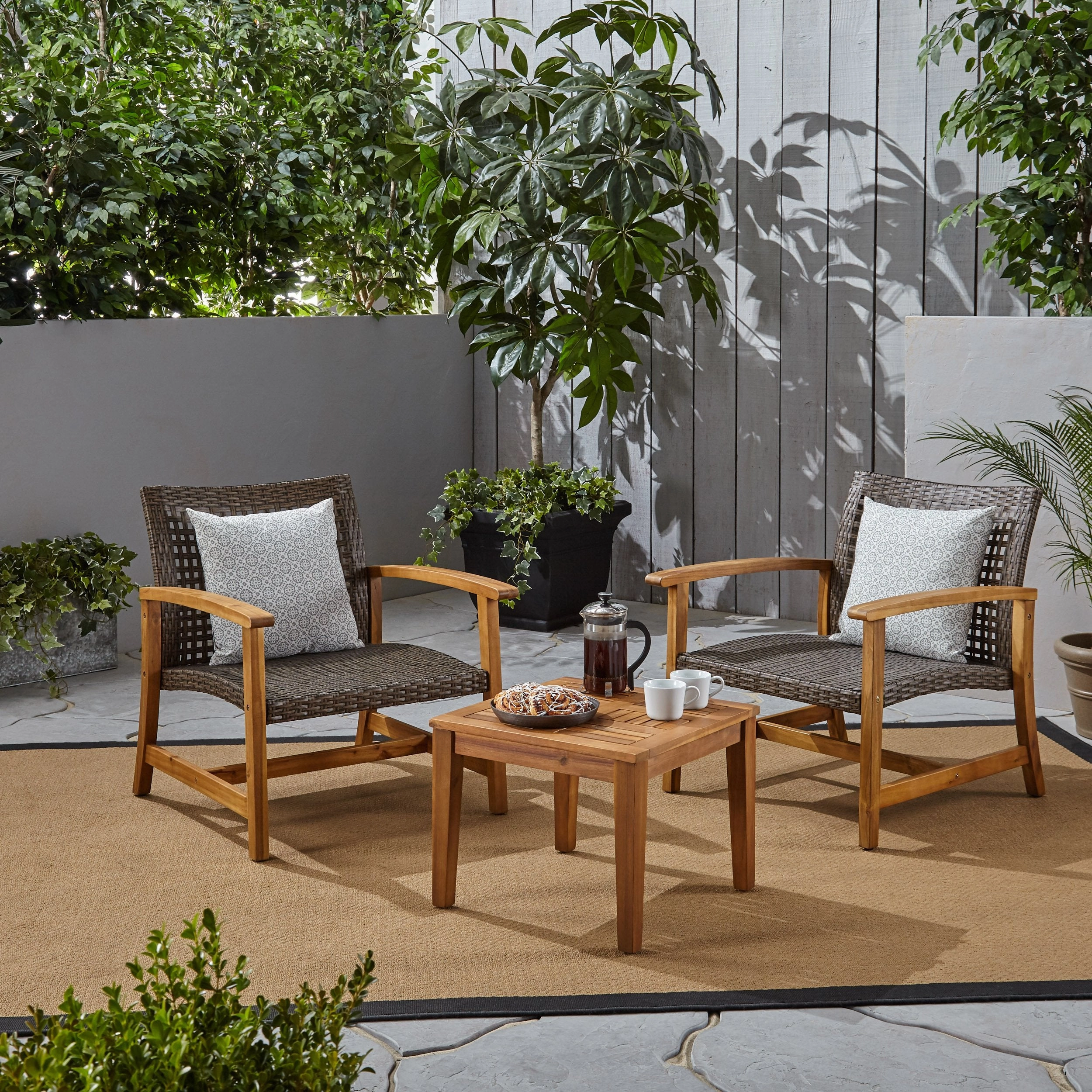 Outdoor 3 Piece Wood and Wicker Club Chairs and Side Table Set - NH541803 outdoor furniture, garden bench