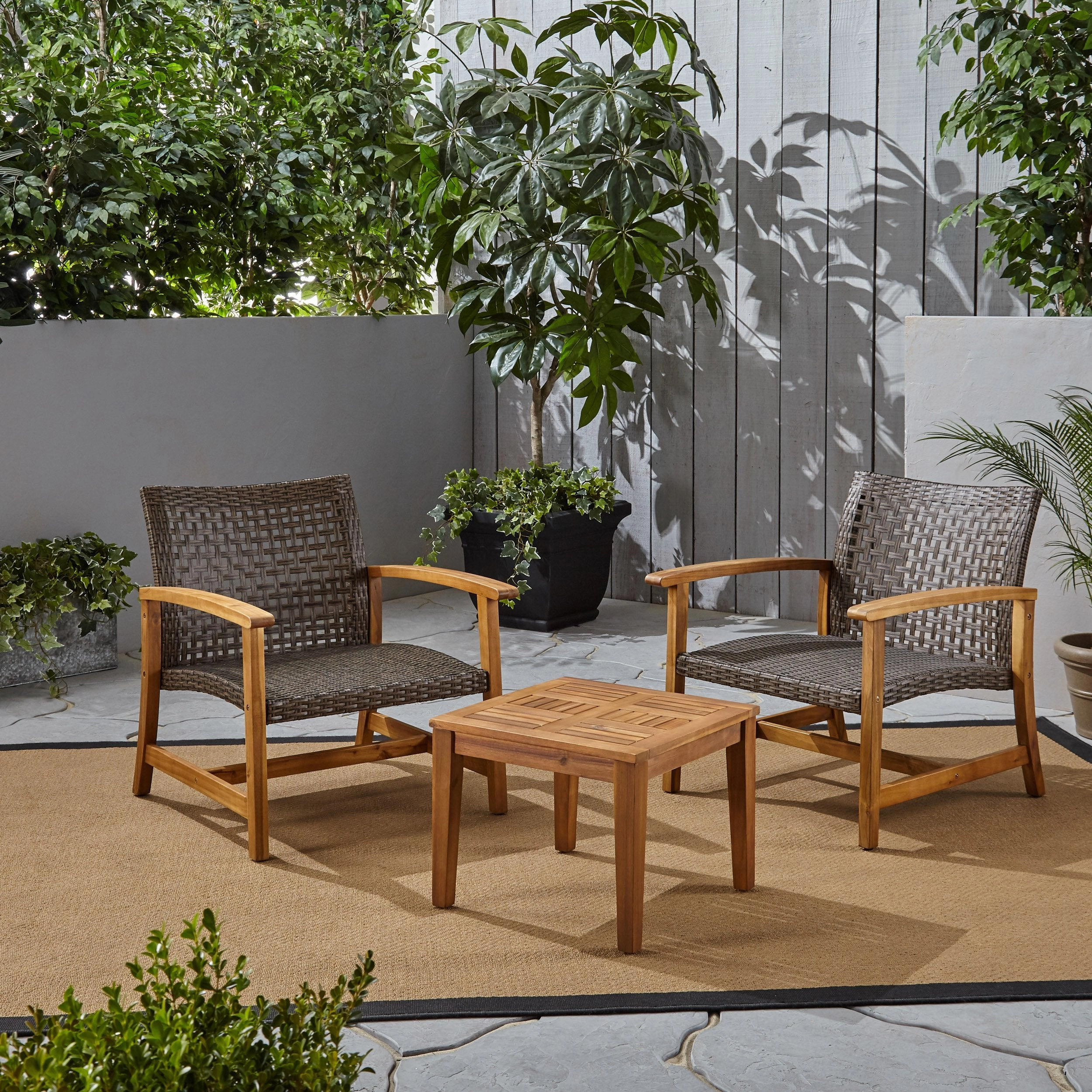 Outdoor 3 Piece Wood and Wicker Club Chairs and Side Table Set - NH541803
