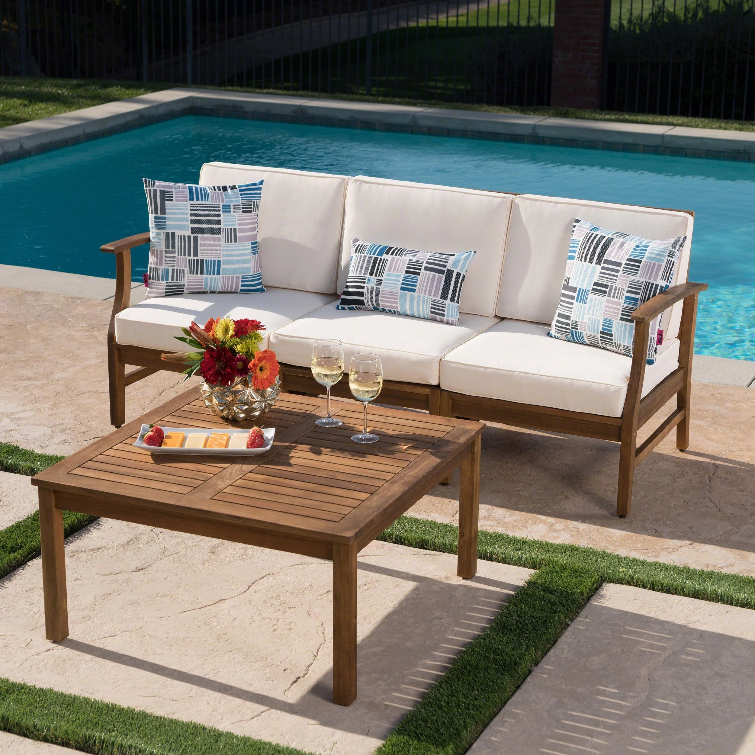 Outdoor 3 Seat Teak Finished Acacia Wood Sofa and Table Set - NH717303 outdoor furniture, garden bench