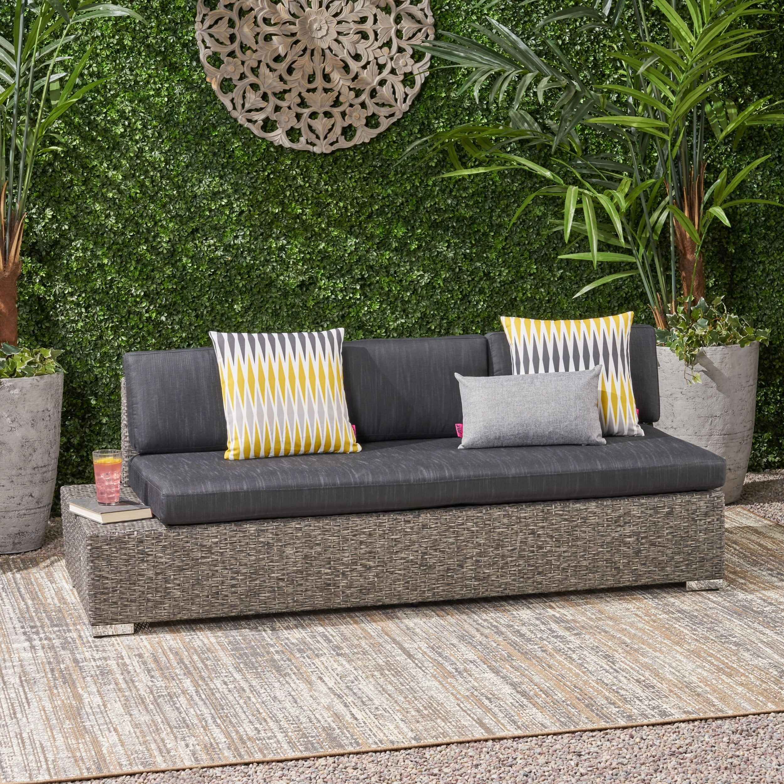 Outdoor 3 Seater Wicker Left Sofa, Mixed Black with Dark Grey Cushions - NH966403 outdoor furniture, garden bench