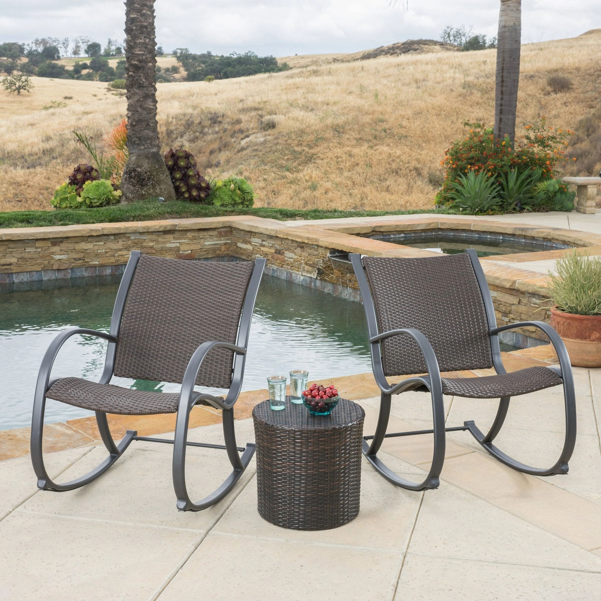 Outdoor 3pc Dark Brown Wicker Rocking Chair Chat Set - NH108592 outdoor furniture, garden bench