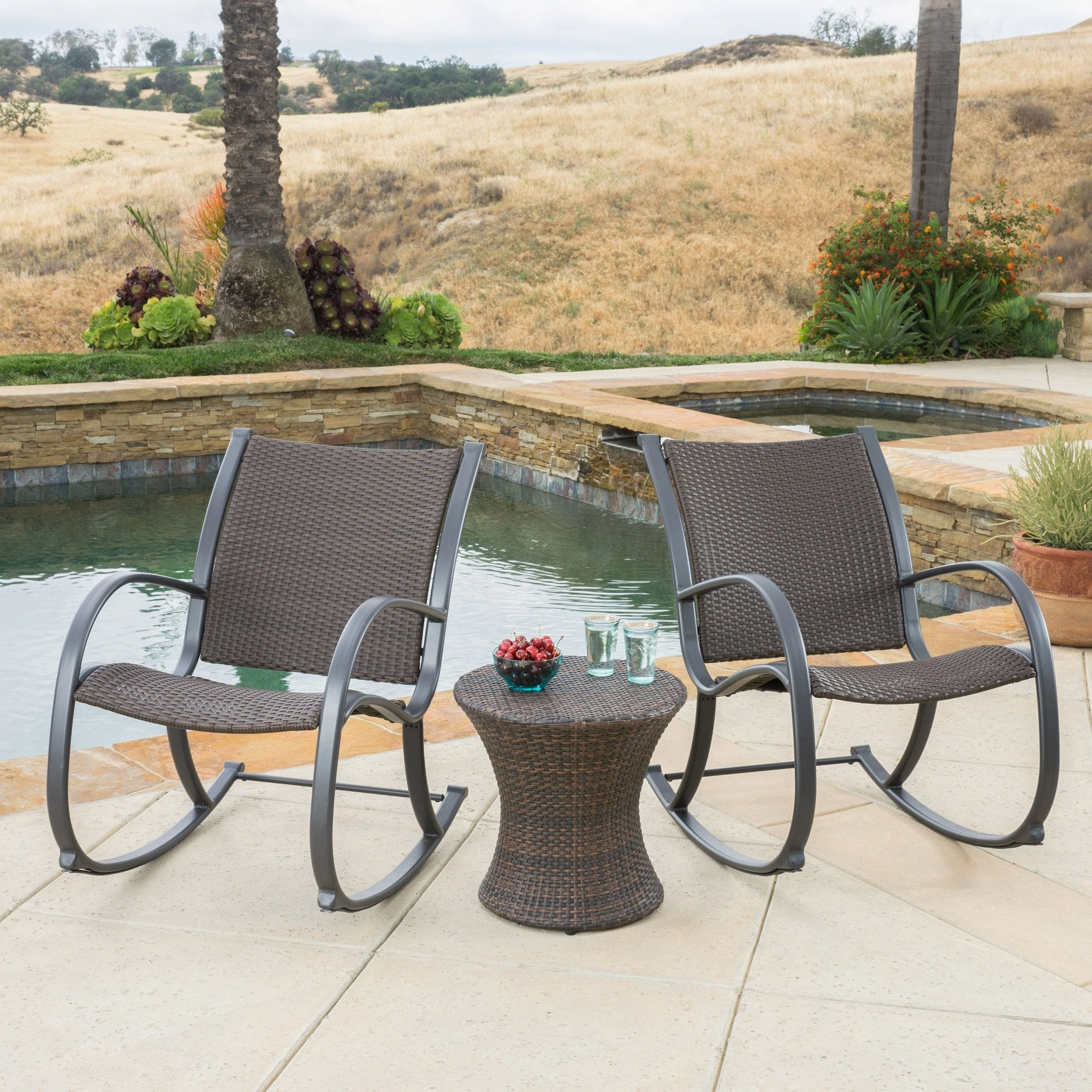 Outdoor 3pc Dark Brown Wicker Rocking Chair Chat Set (Hourglass Table) - NH008592 outdoor furniture, garden bench