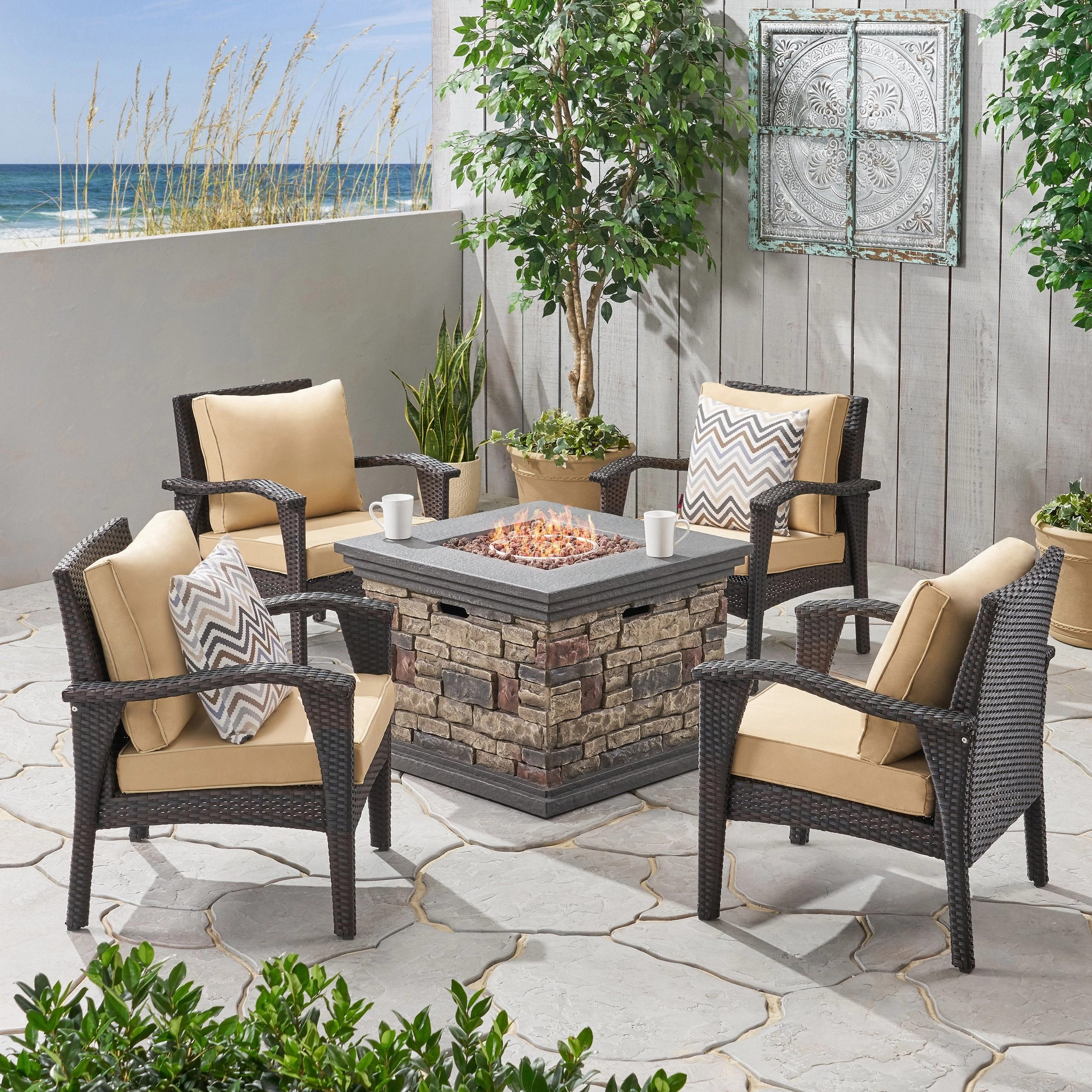 Outdoor 4 Club Chair Chat Set with Fire Pit - NH749903 outdoor furniture, garden bench