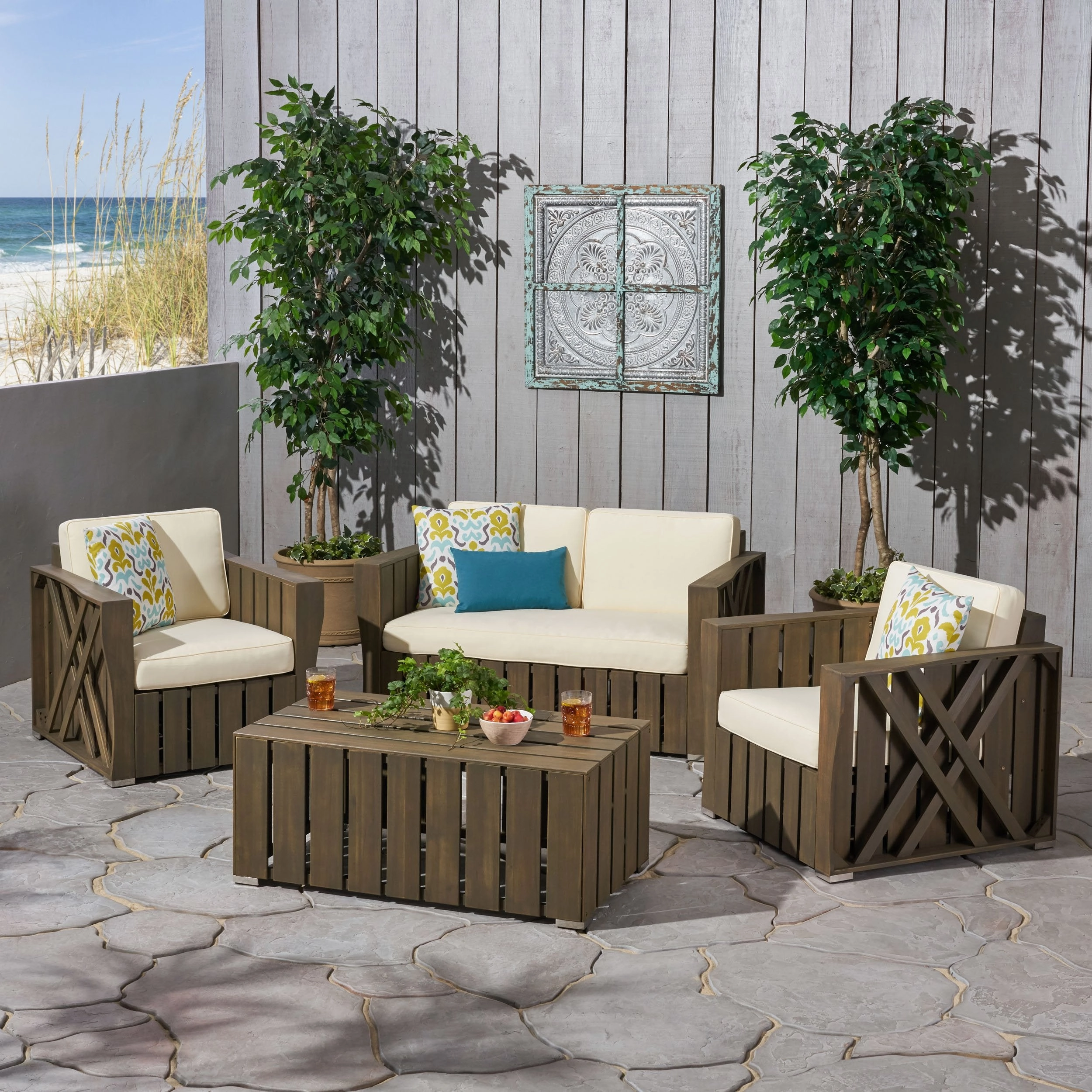 Outdoor 4-piece Acacia Wood Chat Set with Cushions - NH285692 outdoor furniture, garden bench
